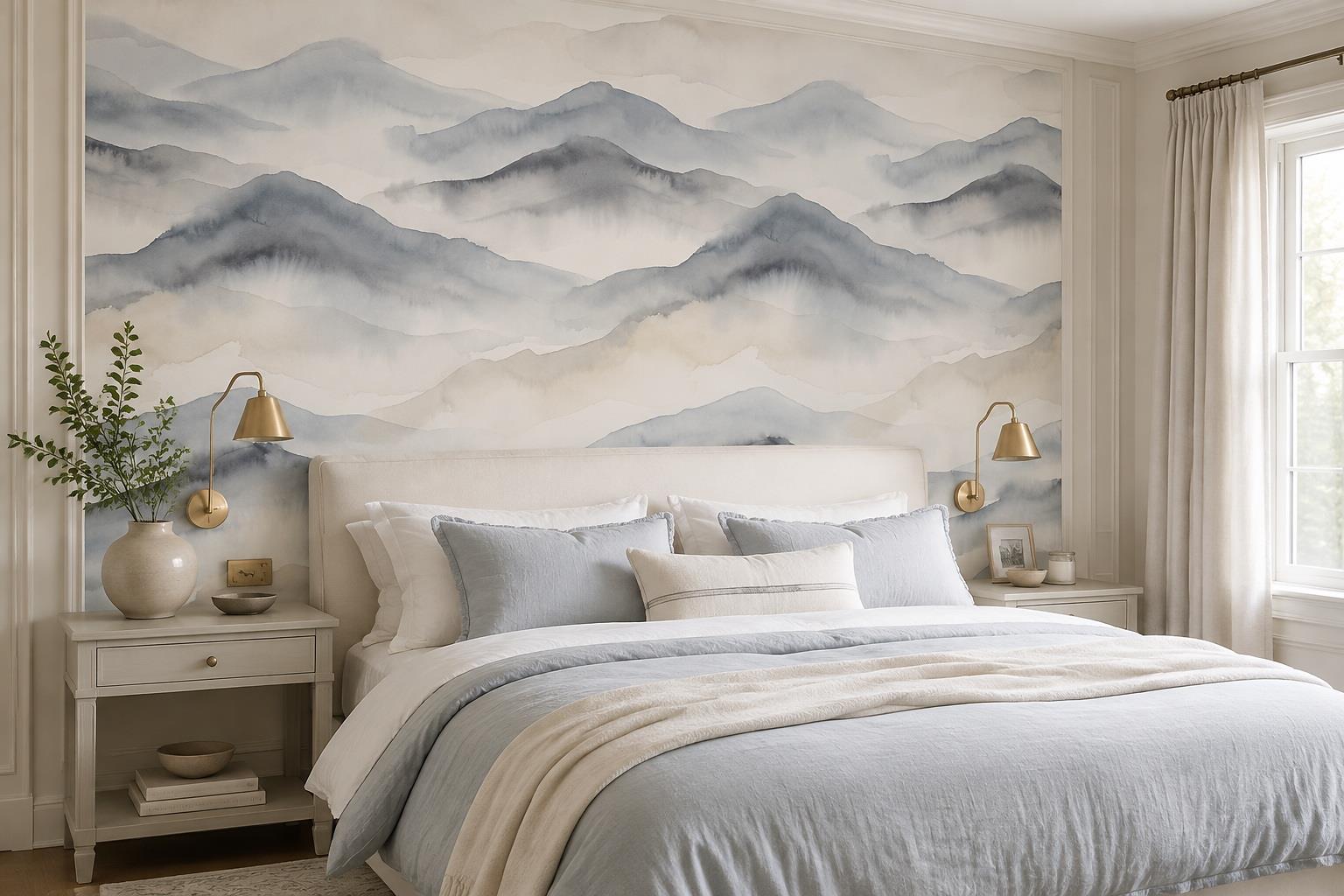 Tan And Neutral Abstract Layered Hand Painted Wallpaper Mural Bedroom-wallpaper-murals, Peel-and-stick Finish