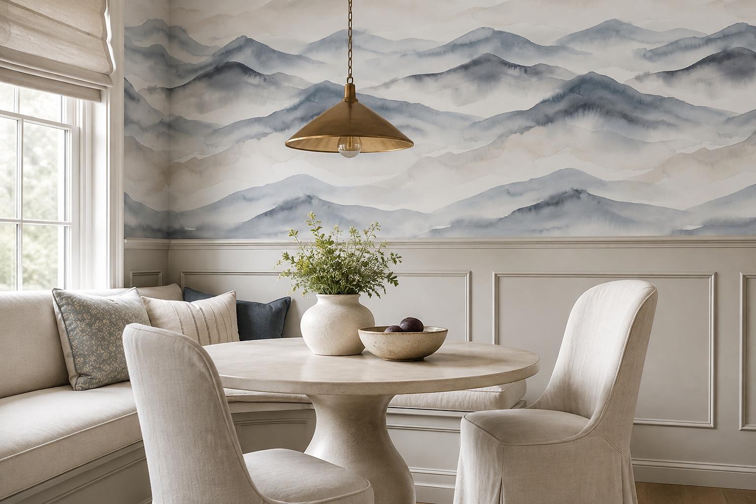 Tan And Neutral Abstract Layered Hand Painted Wallpaper Mural Dining-room-wallpaper-murals, Shown In A Dining Room, Peel-and-stick Finish
