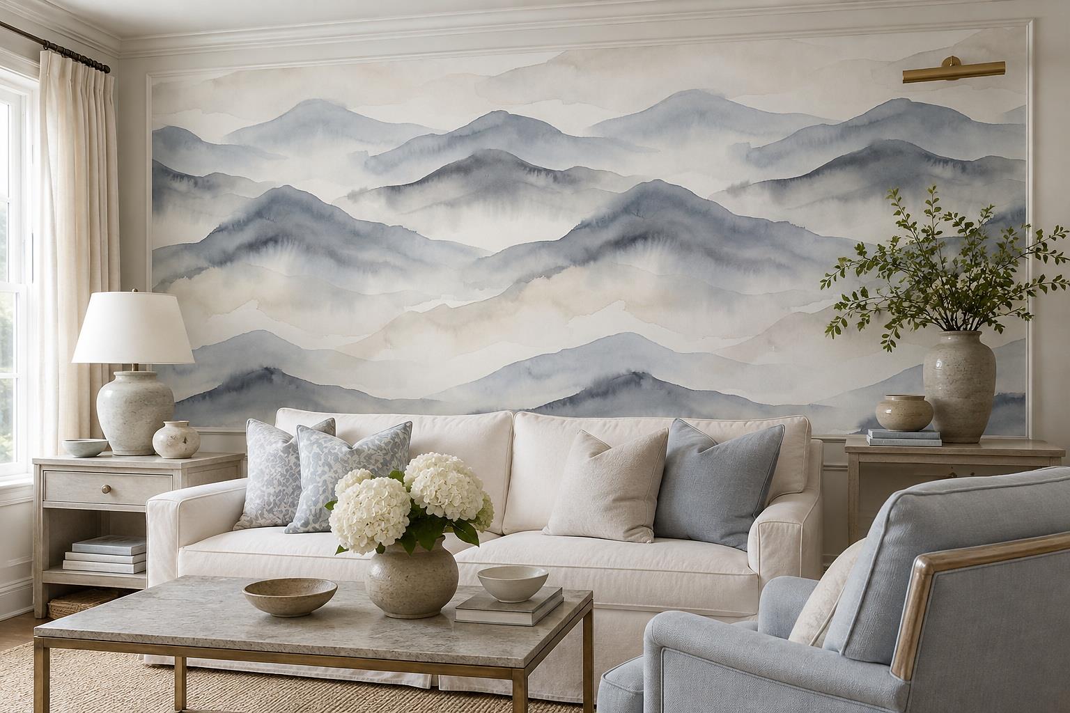 Sepia Watercolour Mountain Panorama Wallpaper Mural — Wallpaper Mural Design, Peel-and-stick Finish