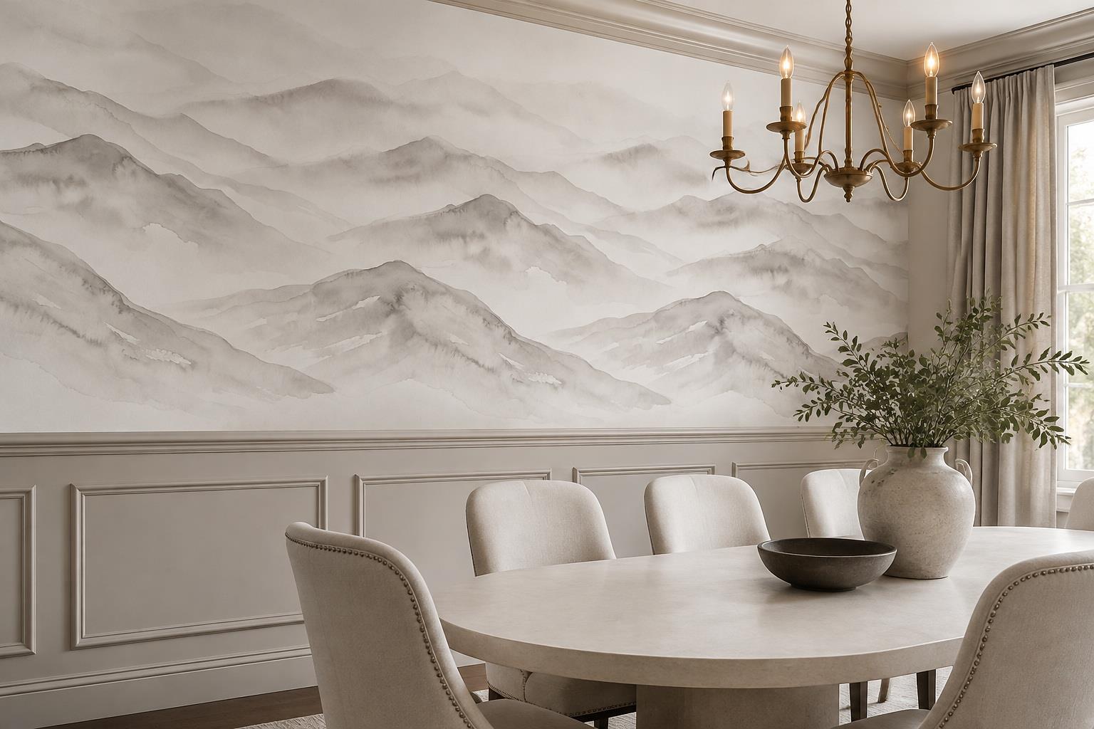 Tan And Neutral Abstract Forms Layered Brushwork Wallpaper Mural Dining-room-wallpaper-murals, Shown In A Dining Room, Peel-and-stick Finish