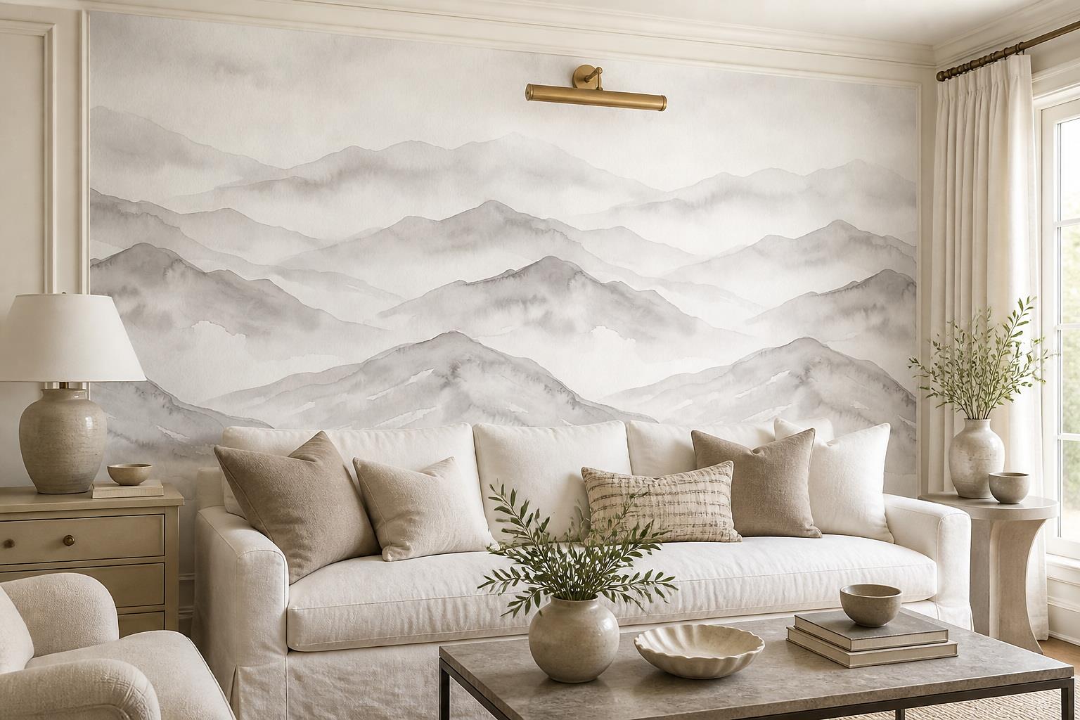 Taupe Watercolour Mountain Ridges Wallpaper Mural — Wallpaper Mural Design, Peel-and-stick Finish