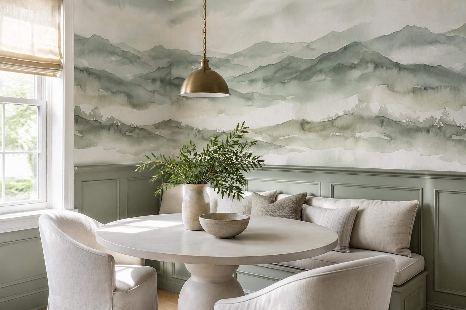 Tan And Neutral Abstract Forms Layered Surface Wallpaper Mural Dining-room-wallpaper-murals, Shown In A Dining Room, Peel-and-stick Finish