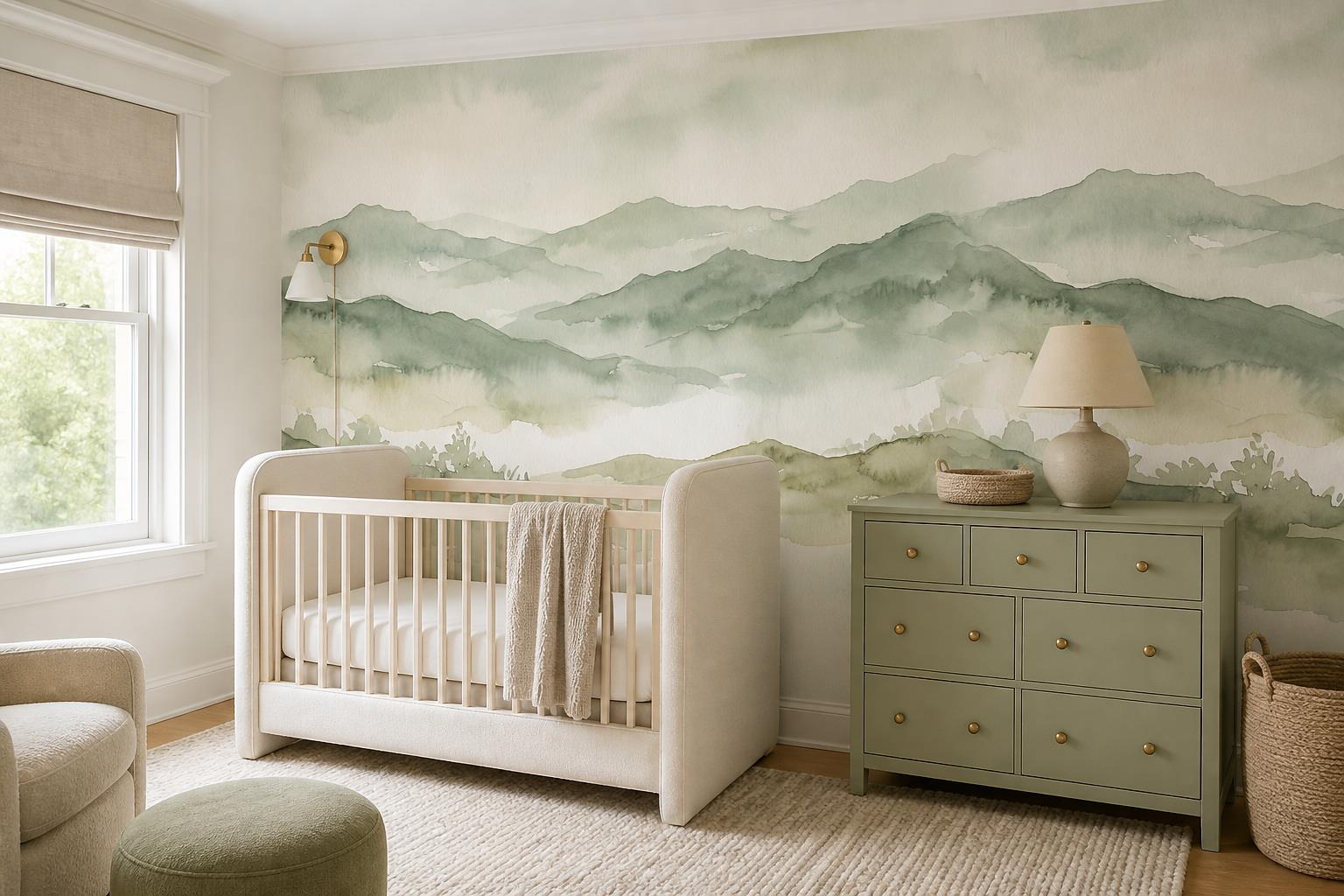 Sage Green Watercolour Mountain Landscape Wallpaper Mural — Wallpaper Mural Design, Peel-and-stick Finish