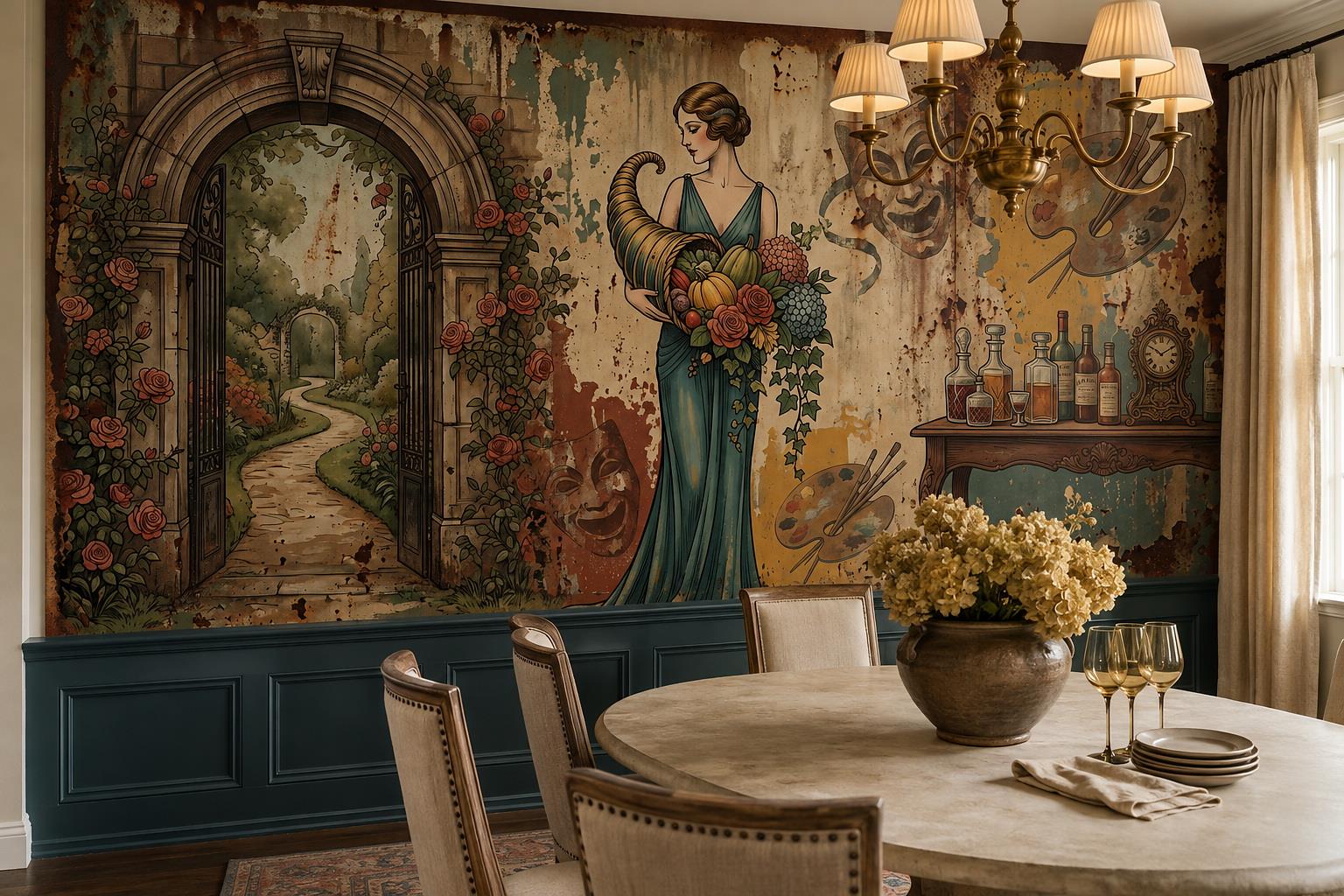 Tan And Neutral Abstract Forms Layered Rhythm Wallpaper Mural Dining-room-wallpaper-murals, Shown In A Dining Room, Peel-and-stick Finish