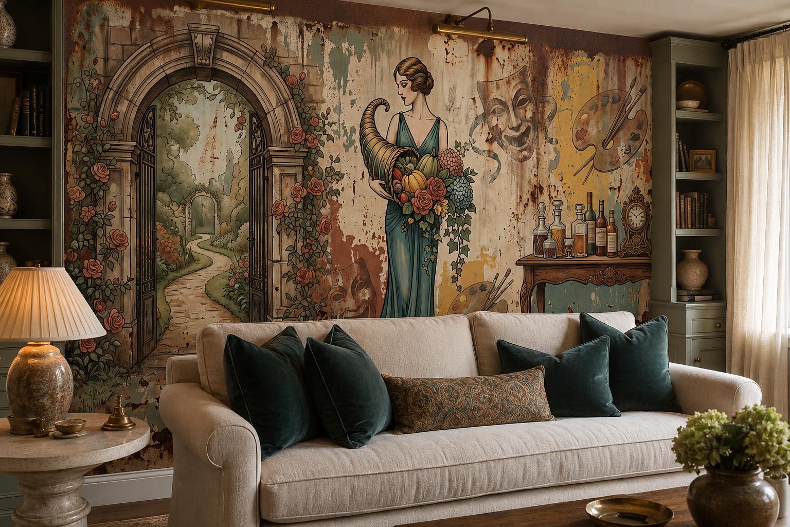 Tan And Neutral Abstract Forms Layered Rhythm Wallpaper Mural Living-room-wallpaper-murals, Shown In A Living Room, Peel-and-stick Finish