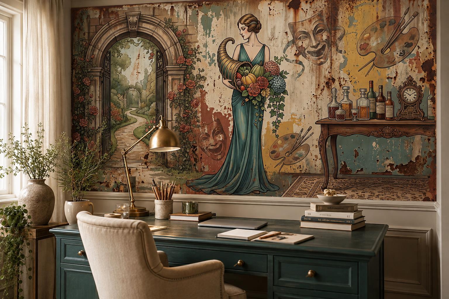 Vintage Woman With Bouquet And Artist Studio Wallpaper Mural — Wallpaper Mural Design, Peel-and-stick Finish
