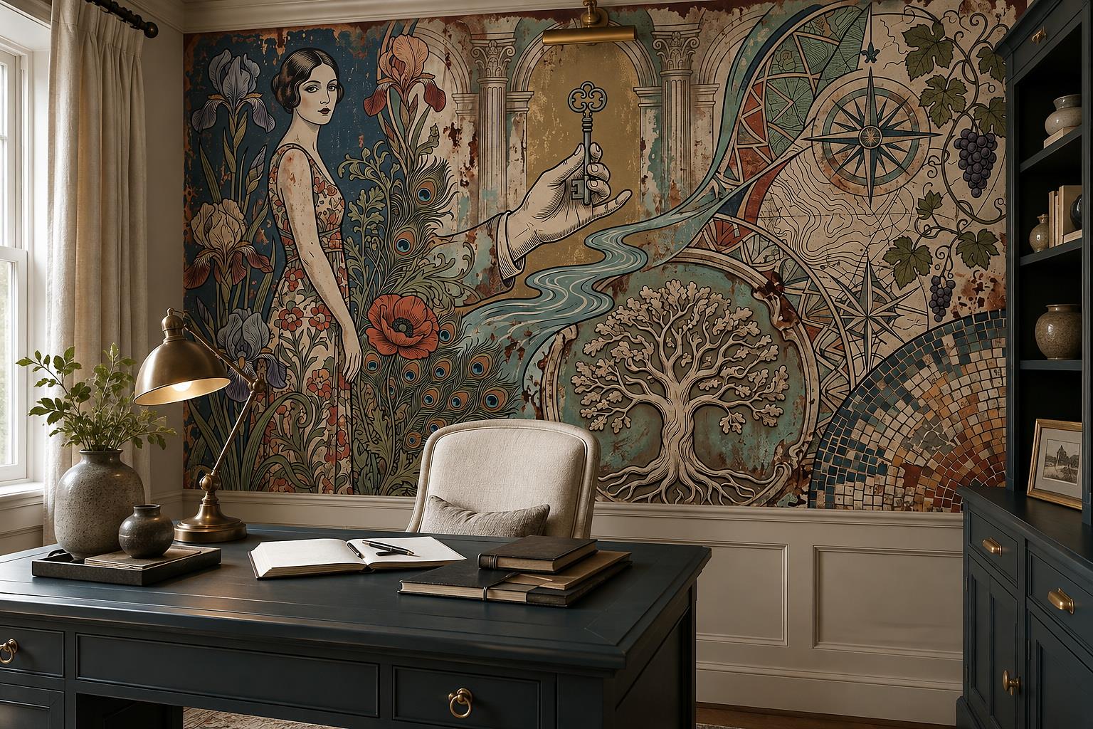 Tan And Neutral Abstract Forms Layered Forms Wallpaper Mural Accent-wall-wallpaper-murals, Peel-and-stick Finish