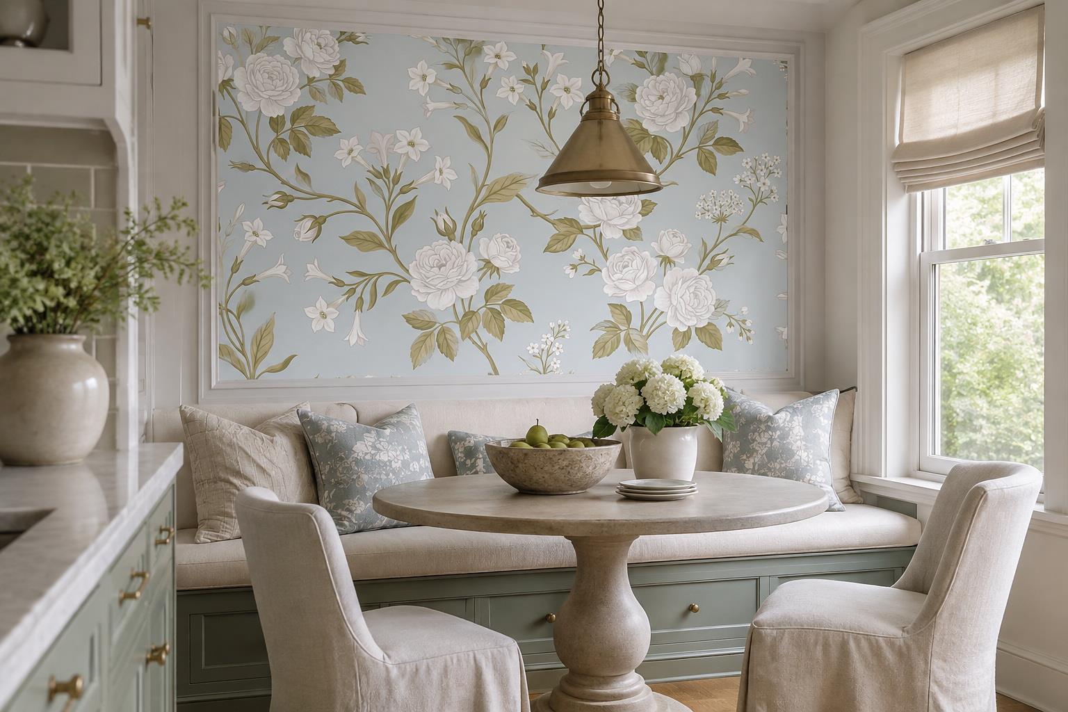 Tan And Neutral Abstract Forms Layered Tones Wallpaper Mural Dining-room-wallpaper-murals, Shown In A Dining Room, Peel-and-stick Finish