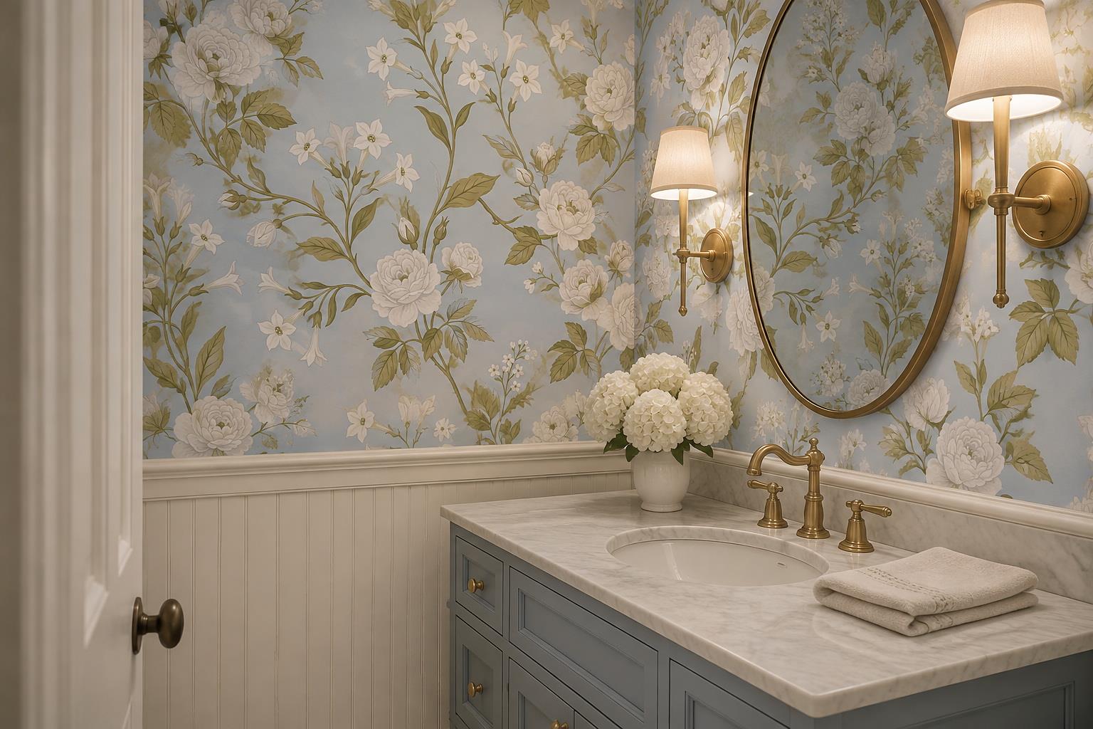 White And Blush Roses With Flowering Branches Wallpaper Mural — Wallpaper Mural Design, Peel-and-stick Finish