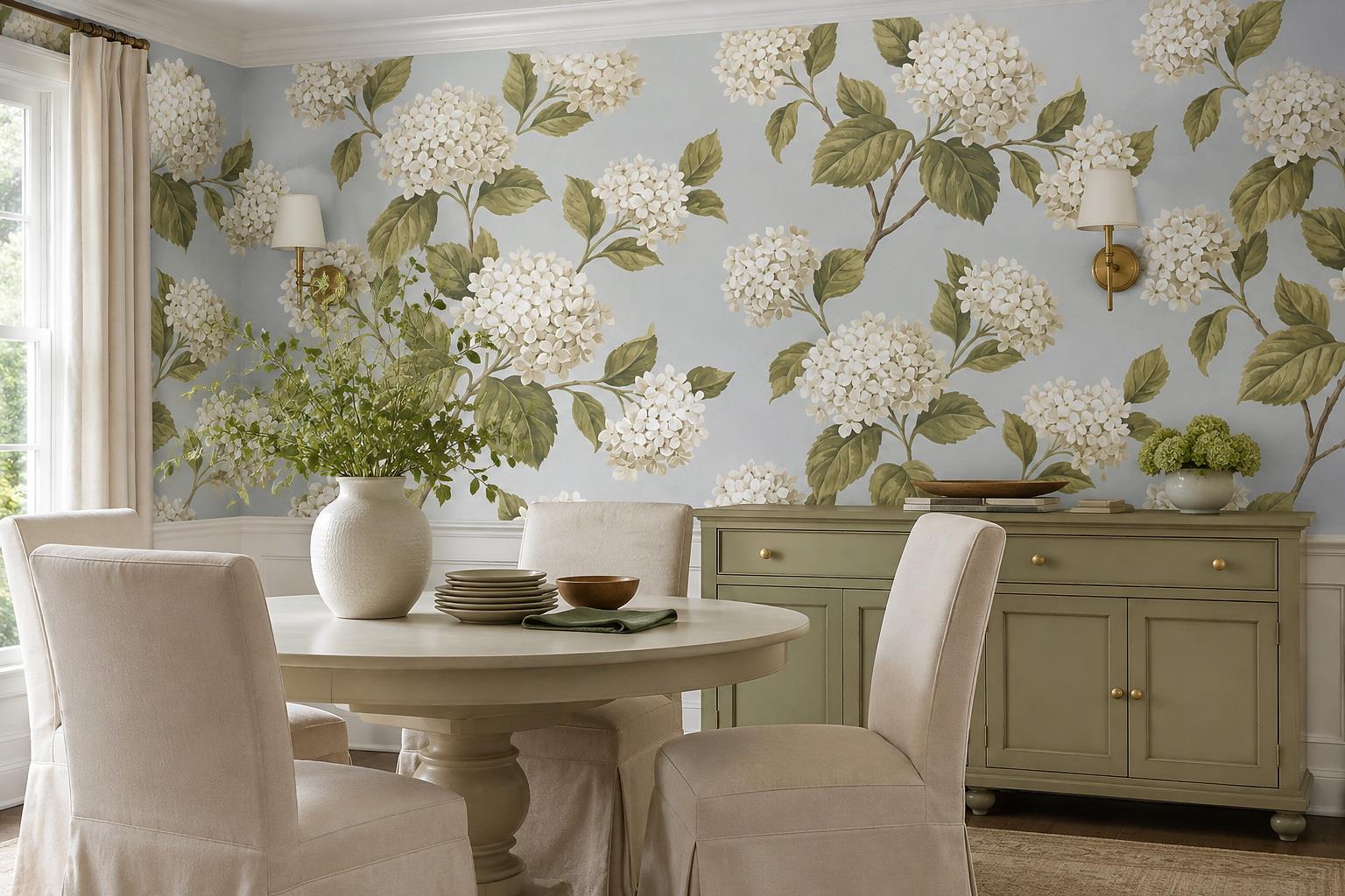 Tan And Neutral Abstract Forms Layered Detail Wallpaper Mural Dining-room-wallpaper-murals, Shown In A Dining Room, Peel-and-stick Finish