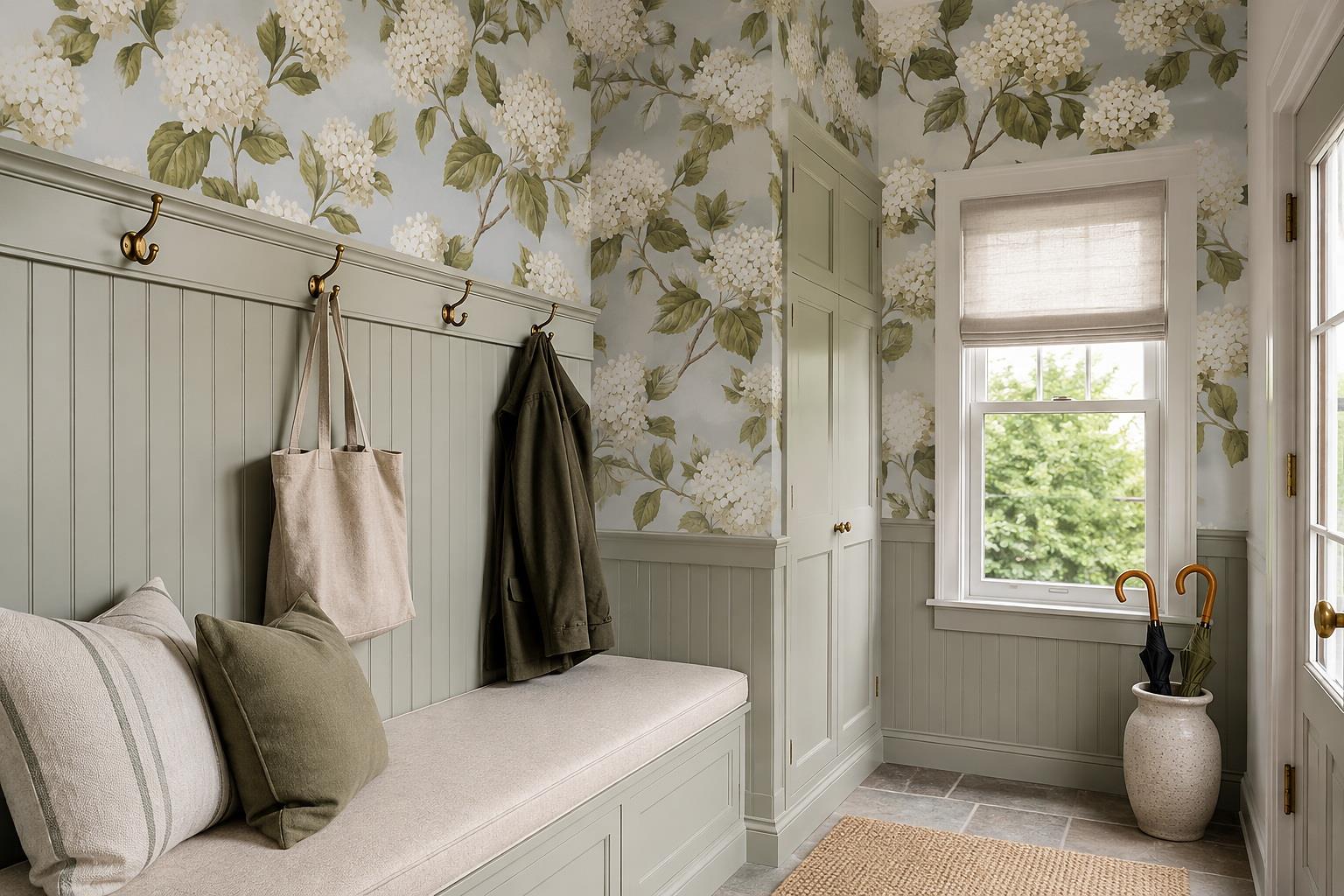 Cream Hydrangea Clusters And Olive Leaves Wallpaper Mural — Wallpaper Mural Design, Peel-and-stick Finish