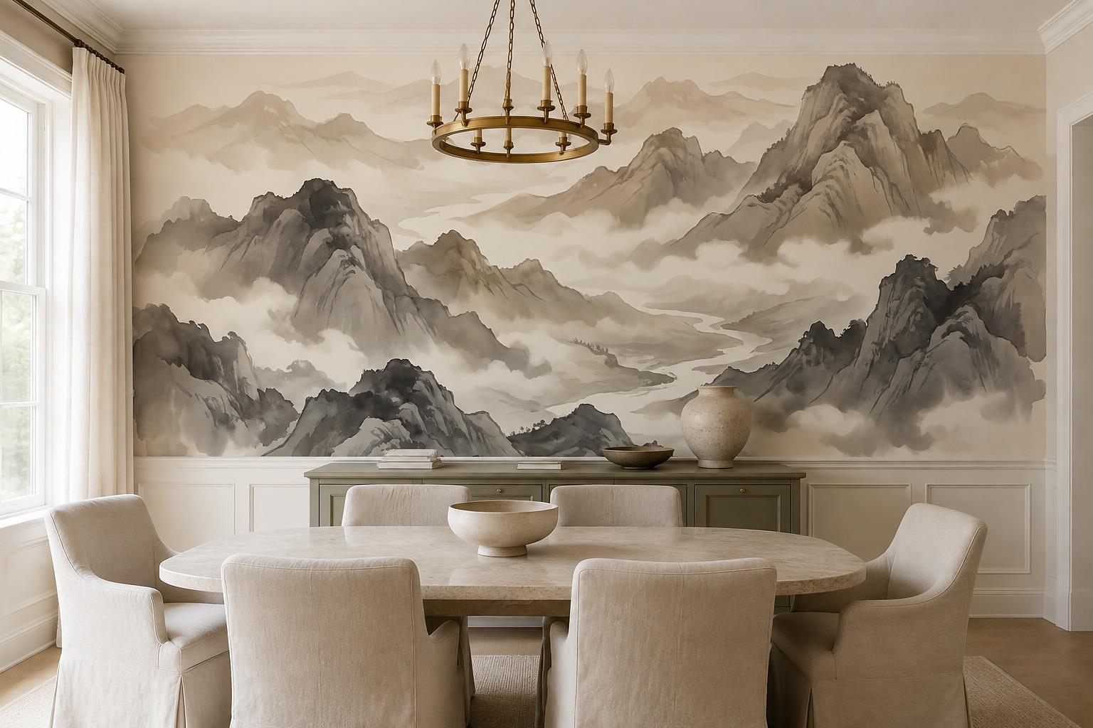 Tan And Neutral Abstract Forms Layered Composition Wallpaper Mural Dining-room-wallpaper-murals, Shown In A Dining Room, Peel-and-stick Finish