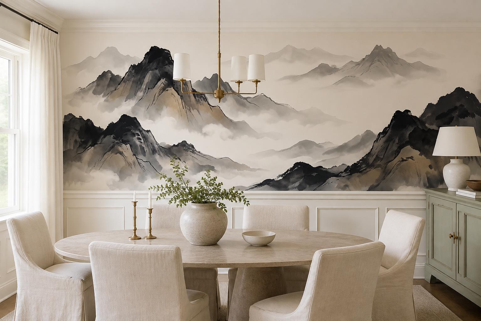 Tan And Neutral Abstract Forms Layered Quiet Wallpaper Mural Dining-room-wallpaper-murals, Shown In A Dining Room, Peel-and-stick Finish