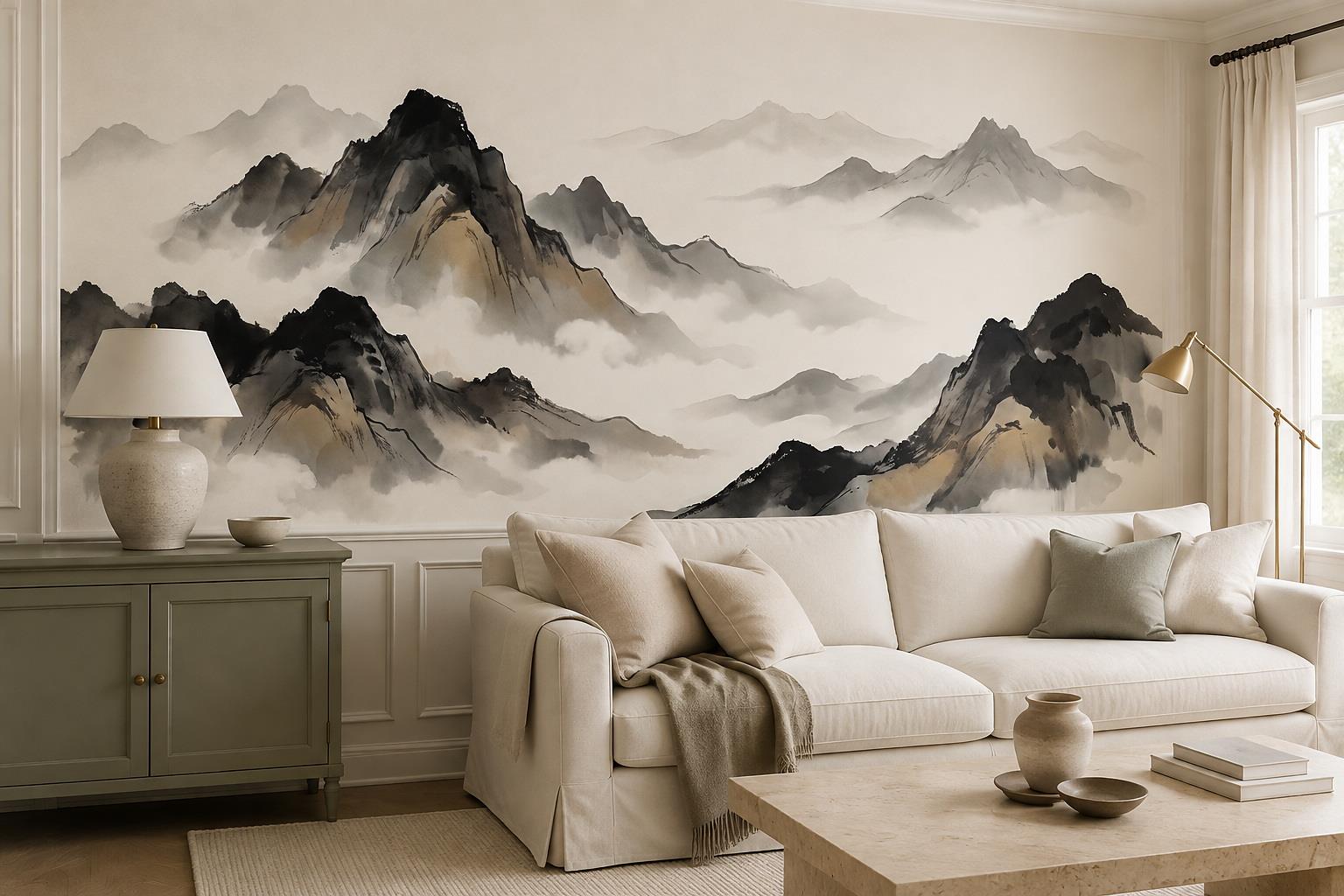 Tan And Neutral Abstract Forms Layered Quiet Wallpaper Mural Living-room-wallpaper-murals, Shown In A Living Room, Peel-and-stick Finish