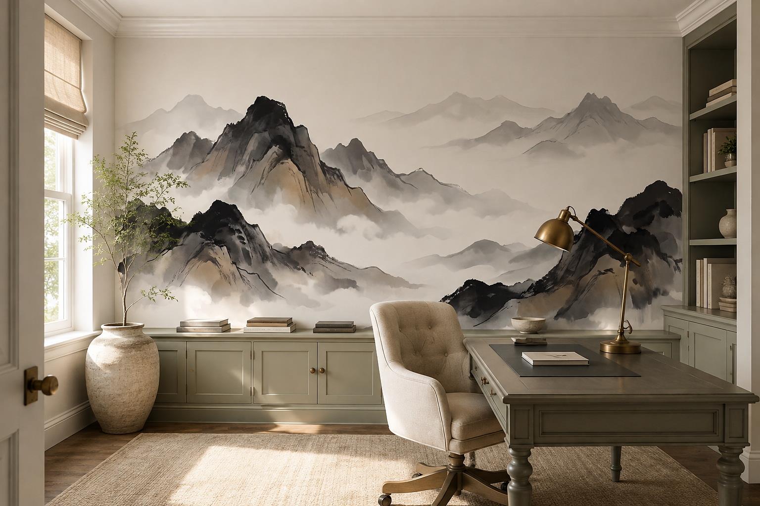 Charcoal Ink Cliffs And Misty Mountain Landscape Wallpaper Mural — Wallpaper Mural Design, Peel-and-stick Finish