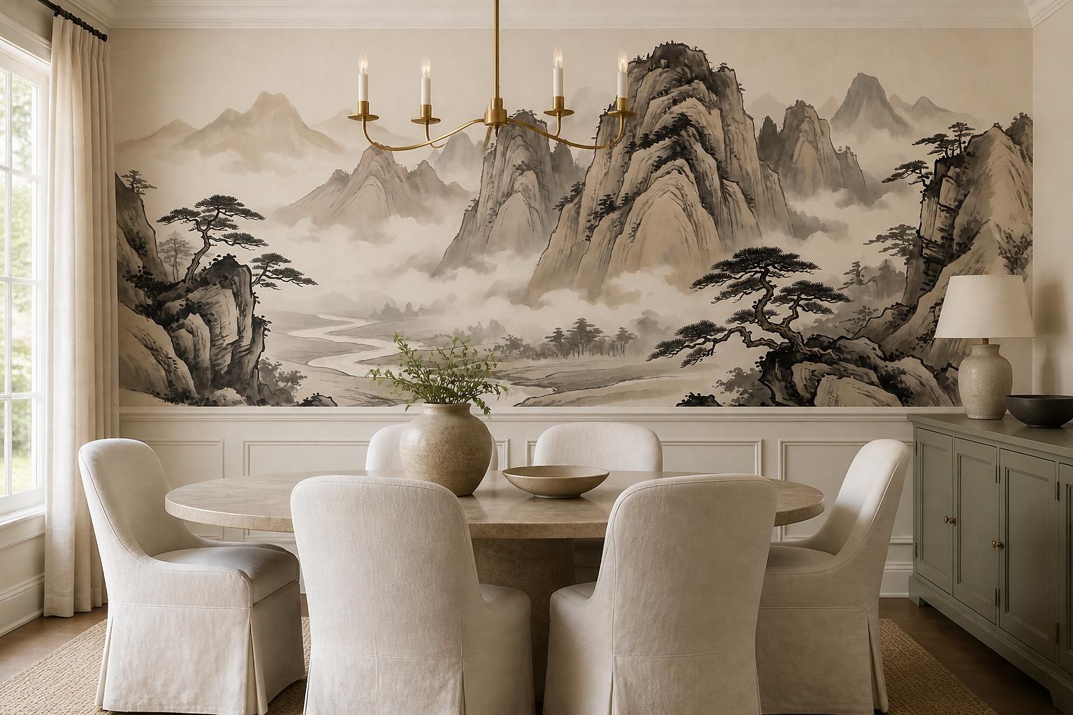 Tan And Neutral Abstract Forms Layered Expressive Wallpaper Mural Dining-room-wallpaper-murals, Shown In A Dining Room, Peel-and-stick Finish