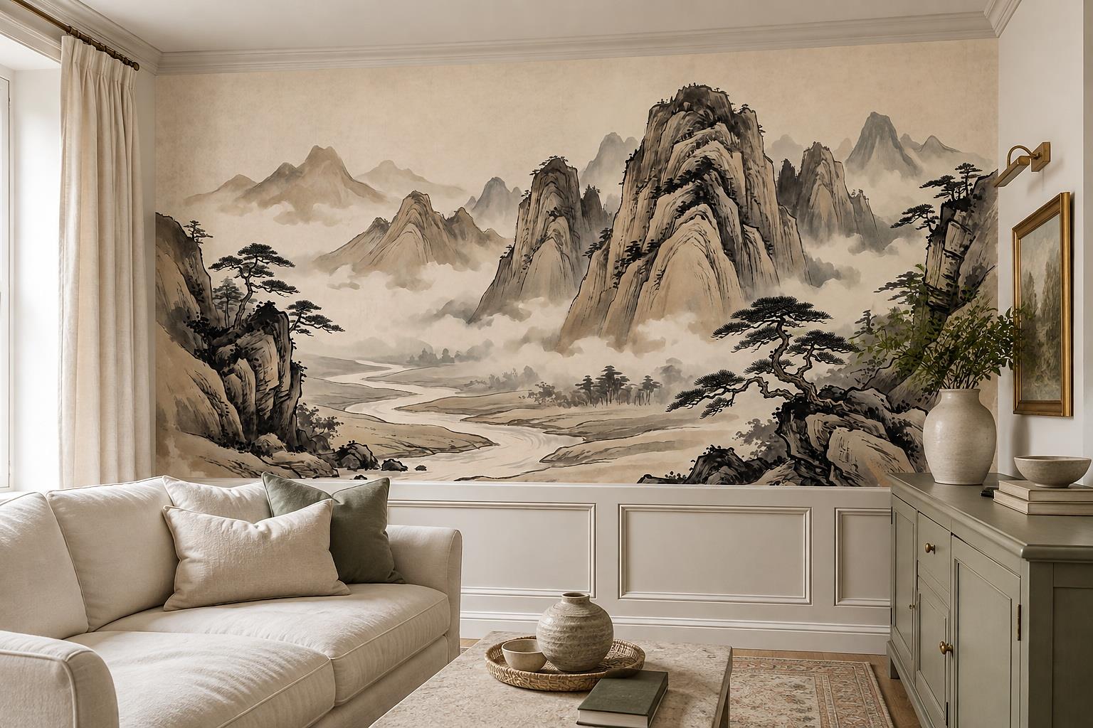 Tan And Neutral Abstract Forms Layered Expressive Wallpaper Mural Living-room-wallpaper-murals, Peel-and-stick Finish