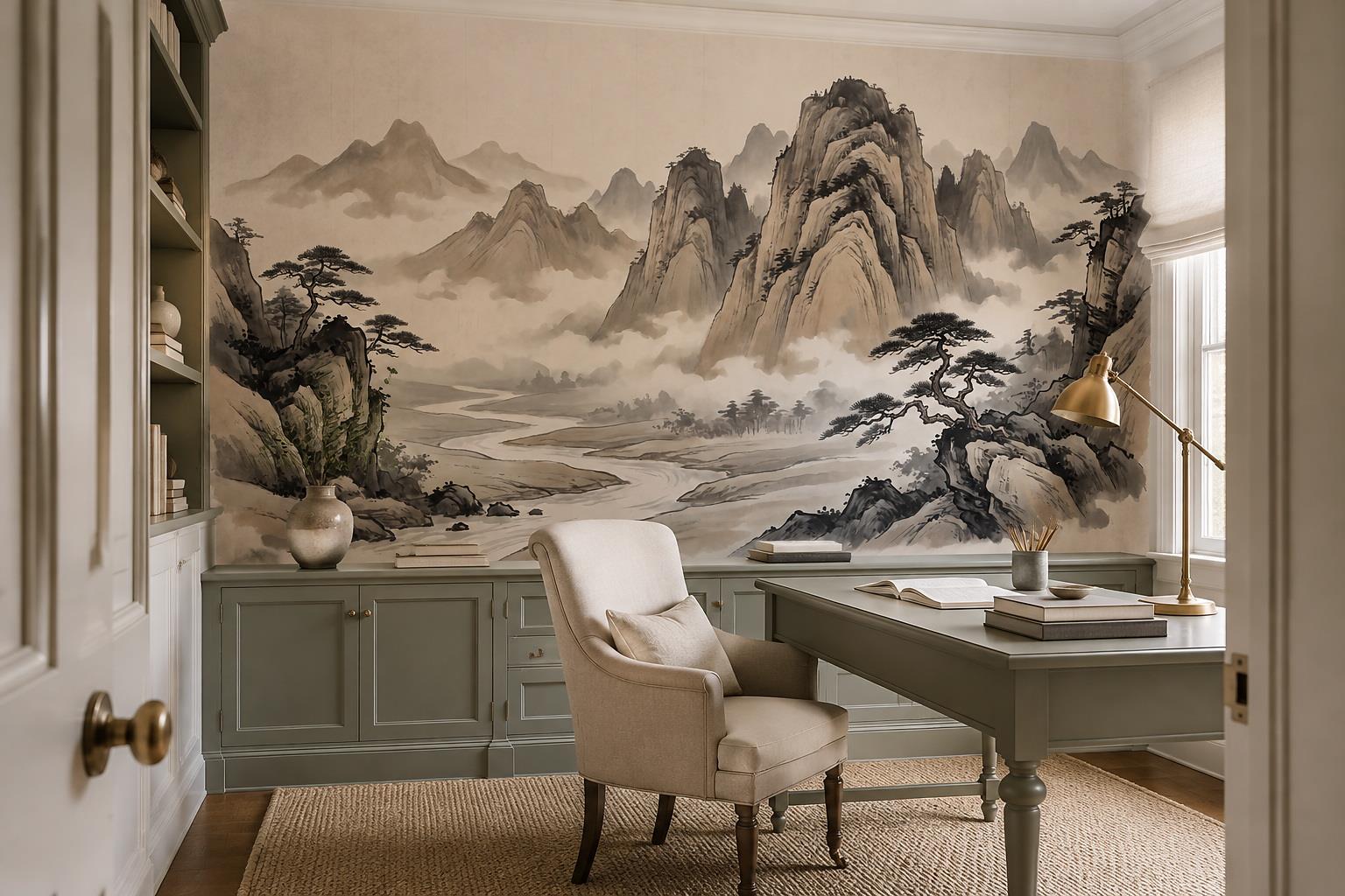 Tan And Neutral Abstract Forms Layered Expressive Wallpaper Mural Accent-wall-wallpaper-murals, Peel-and-stick Finish