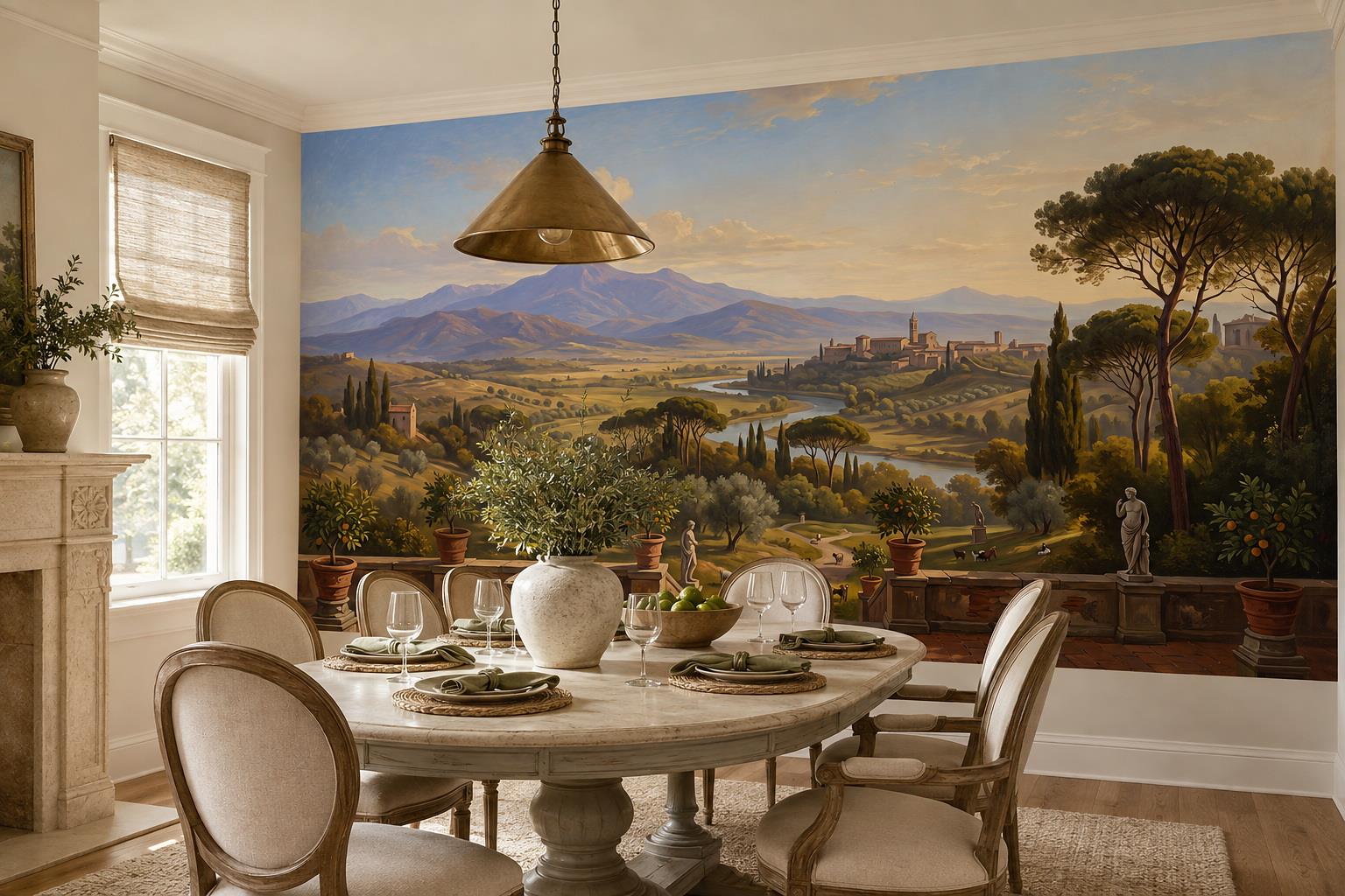 Tan And Neutral Abstract Forms Layered Balanced Wallpaper Mural Dining-room-wallpaper-murals, Shown In A Dining Room, Peel-and-stick Finish