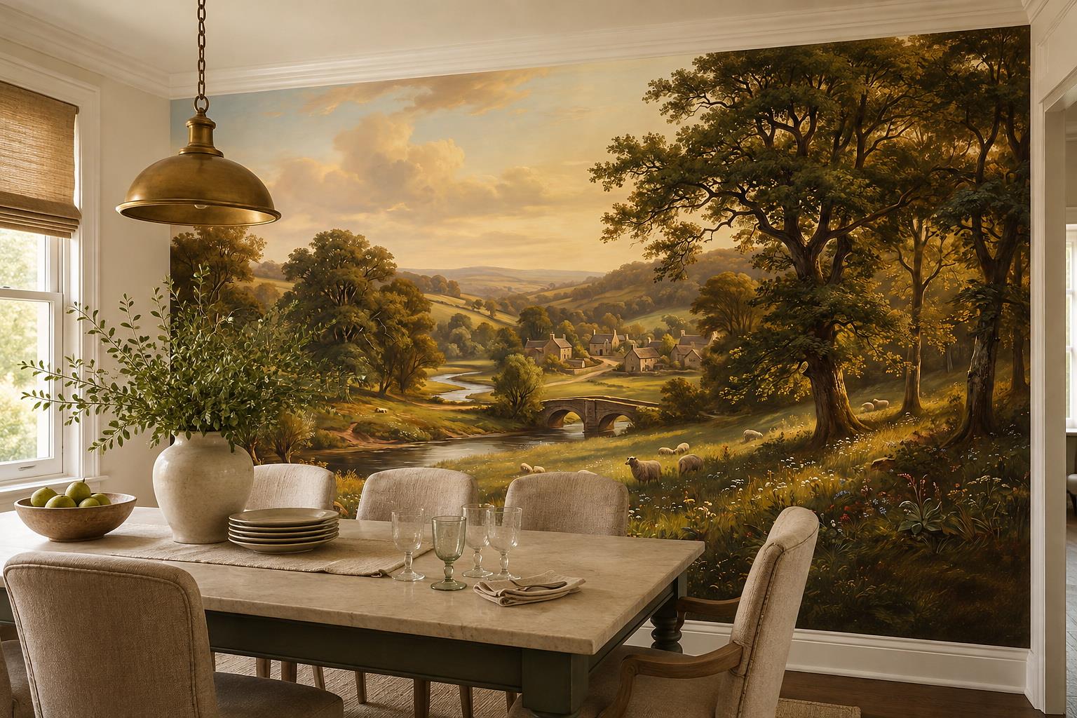 Tan And Neutral Abstract Forms Layered Gentle Wallpaper Mural Dining-room-wallpaper-murals, Shown In A Dining Room, Peel-and-stick Finish