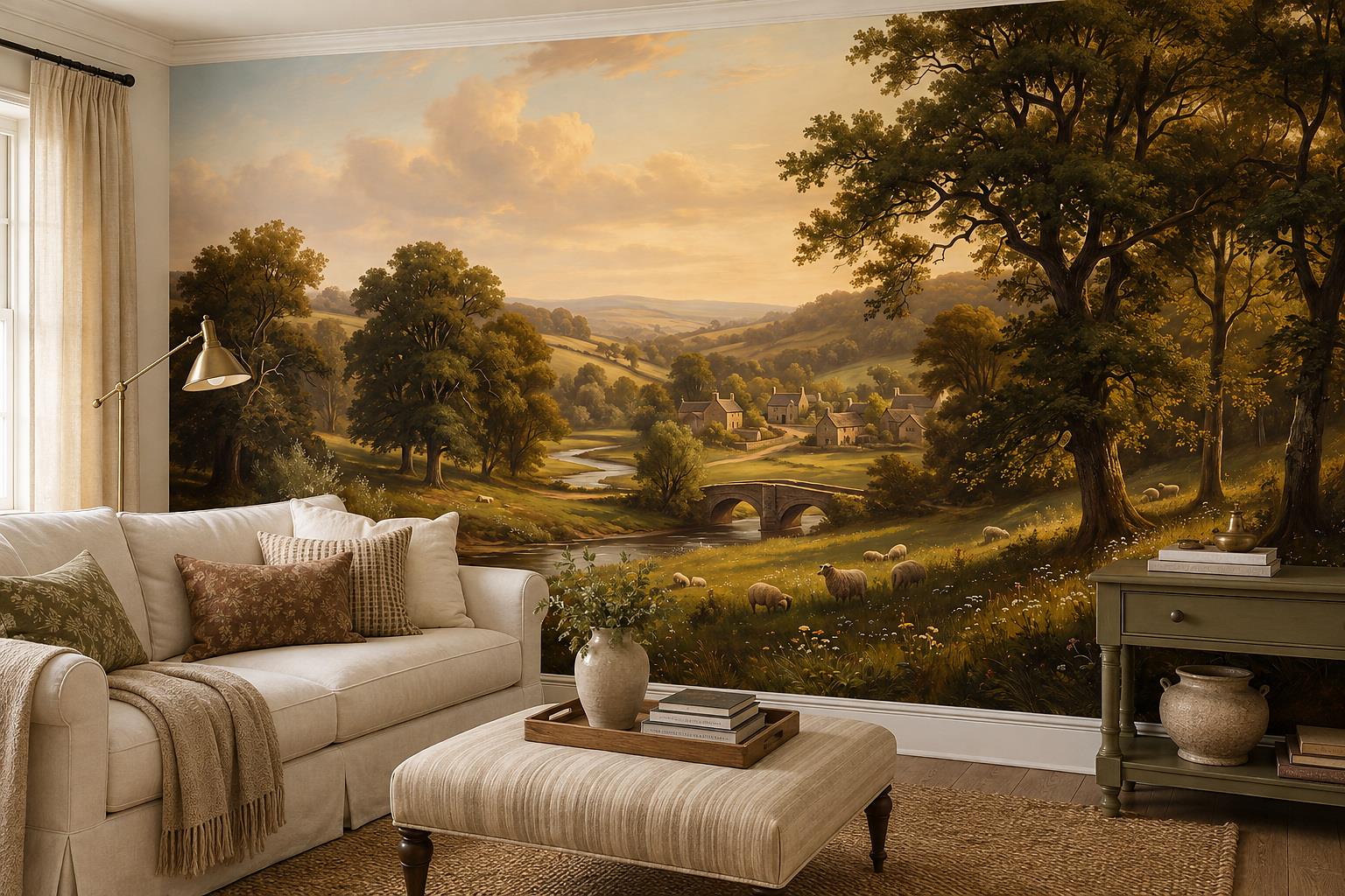 Tan And Neutral Abstract Forms Layered Gentle Wallpaper Mural Living-room-wallpaper-murals, Peel-and-stick Finish