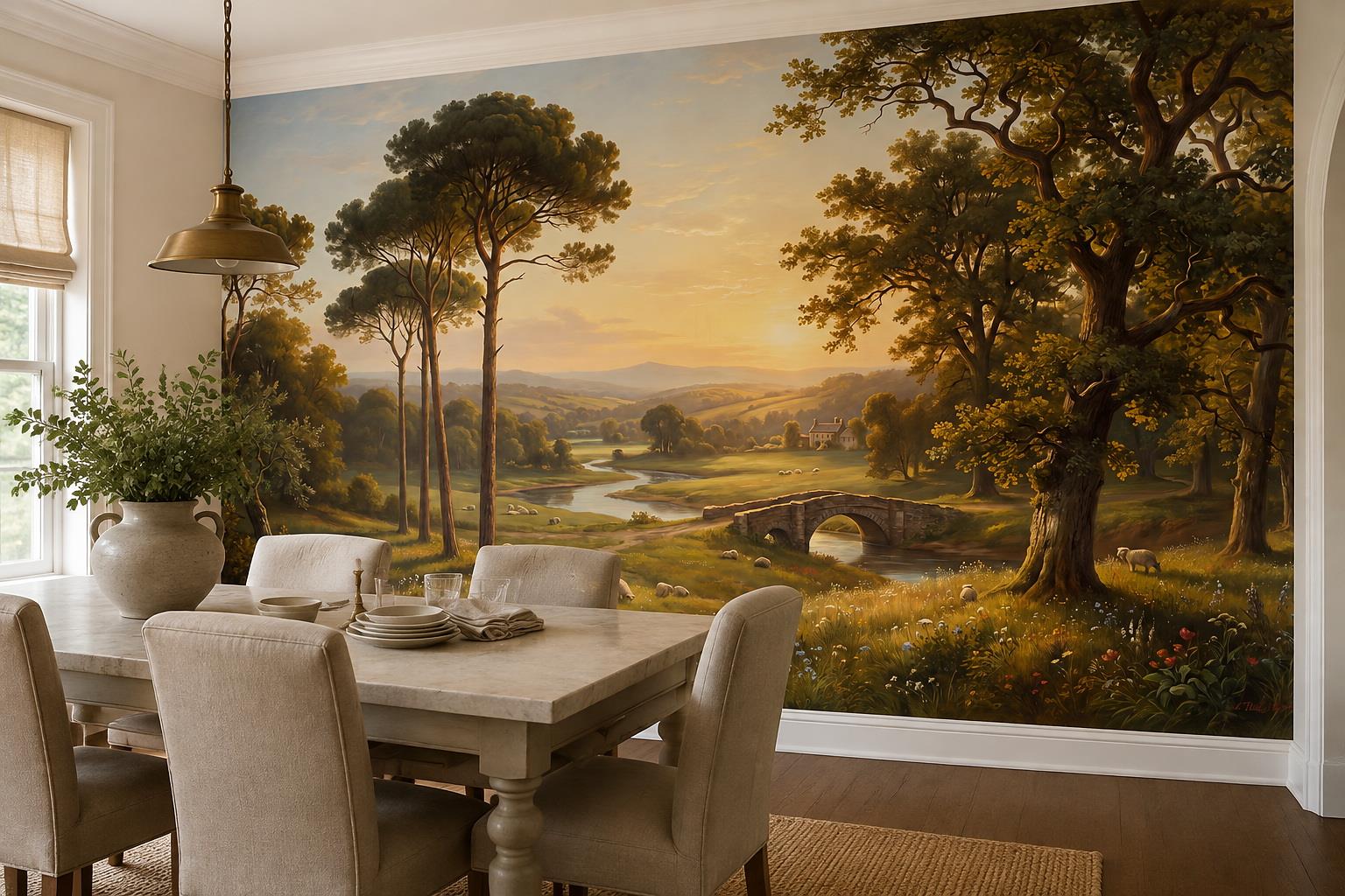 Tan And Neutral Abstract Forms Layered Bold Wallpaper Mural Dining-room-wallpaper-murals, Shown In A Dining Room, Peel-and-stick Finish
