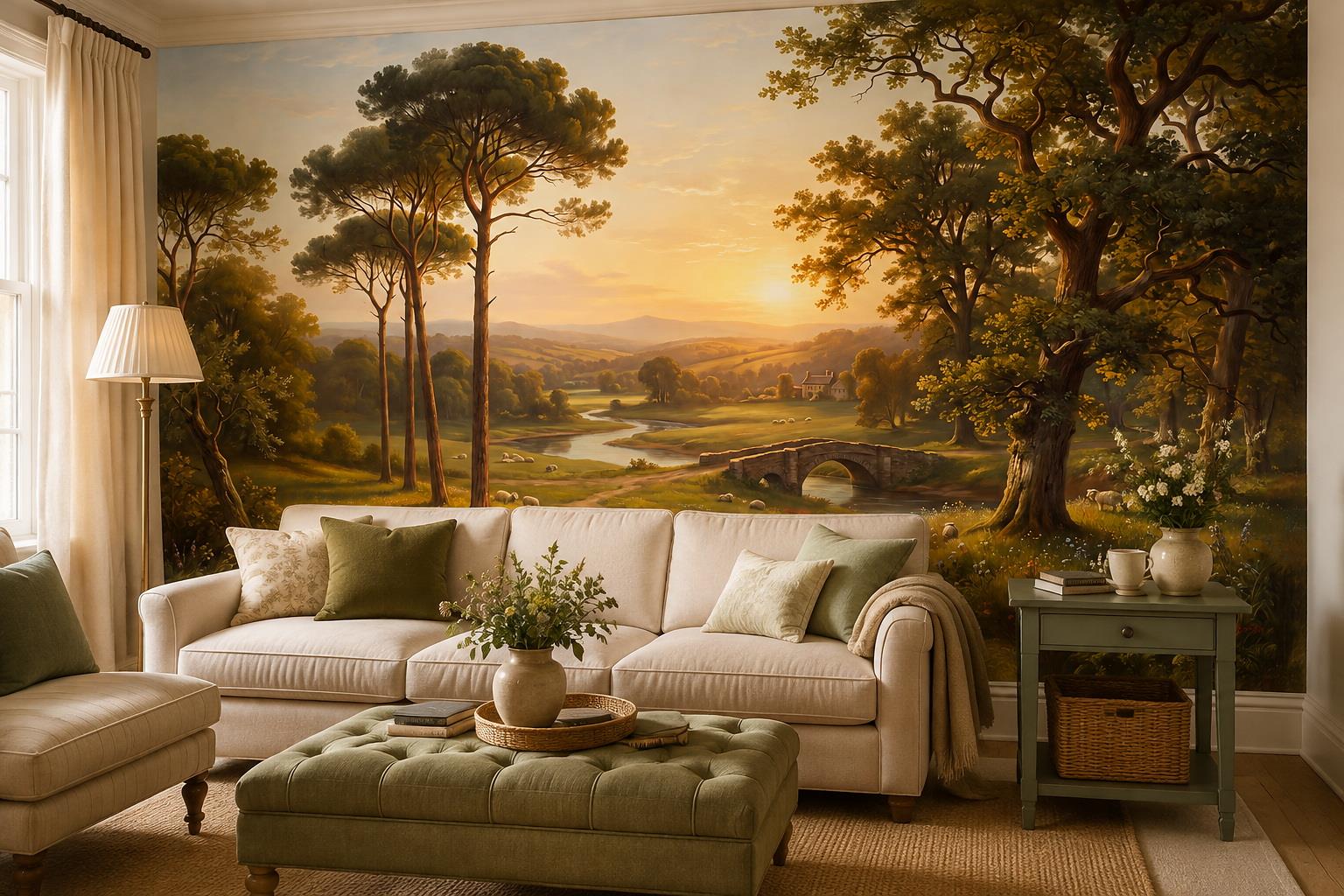Sunset Woodland Bridge And Meadow Sheep Wallpaper Mural — Wallpaper Mural Design, Peel-and-stick Finish