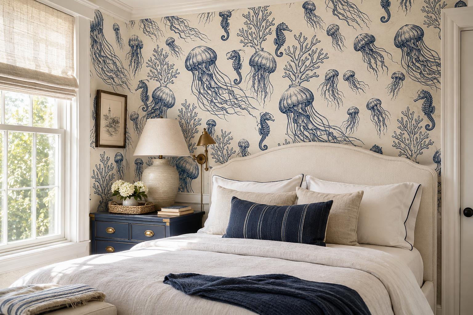Navy Jellyfish Seahorses And Coral Line Art Wallpaper Mural — Wallpaper Mural Design, Peel-and-stick Finish