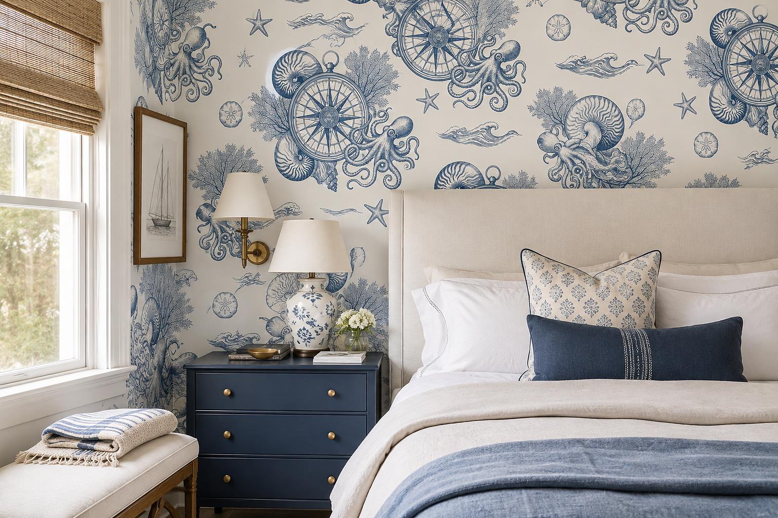 Blue Nautical Compass And Sea Life Wallpaper Mural — Wallpaper Mural Design, Peel-and-stick Finish