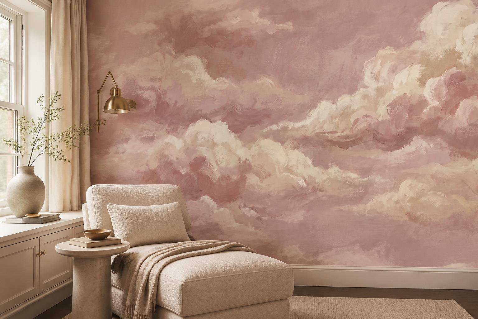 Rose Mauve Painterly Cloudscape Wallpaper Mural — Wallpaper Mural Design, Peel-and-stick Finish