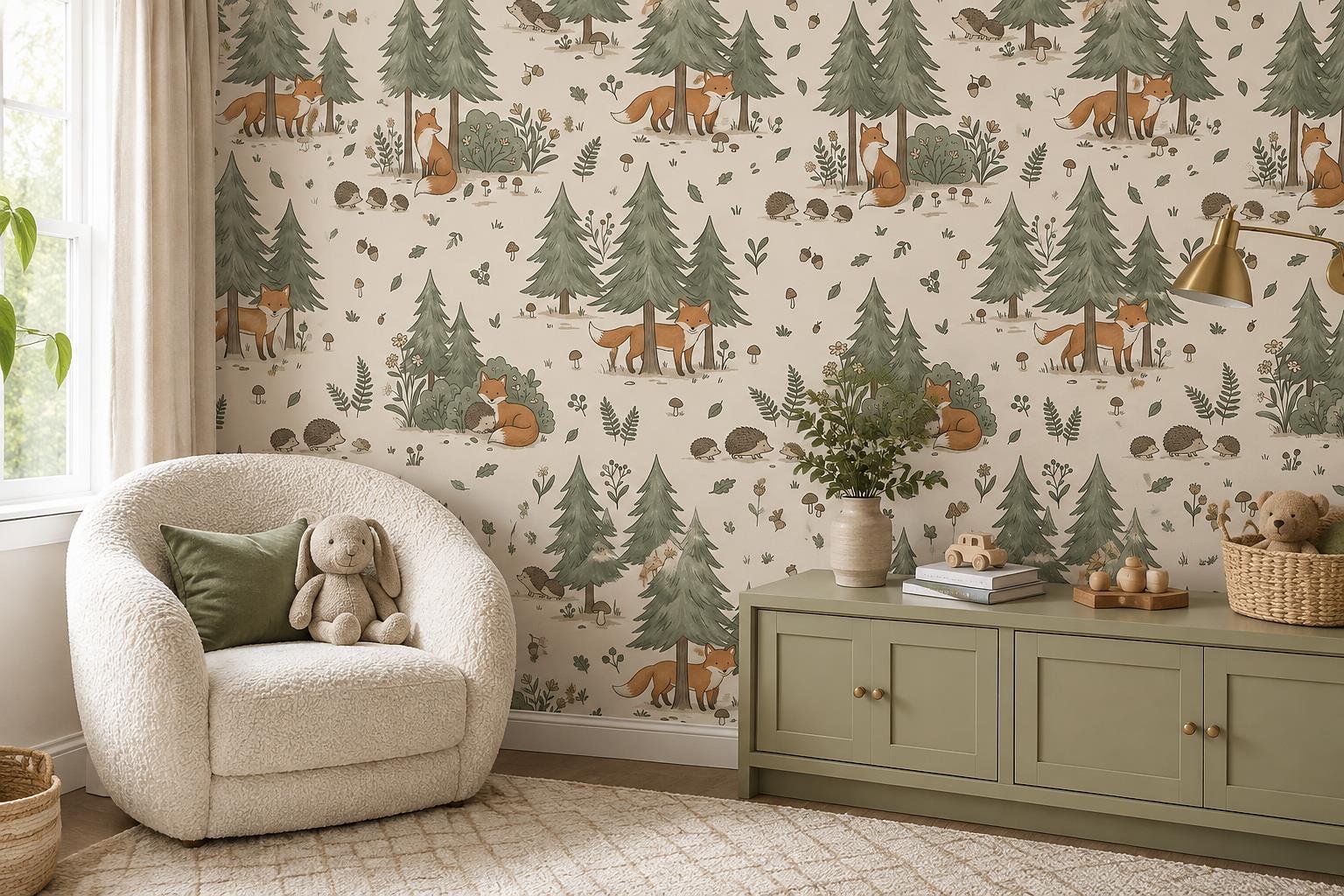 Foxes Hedgehogs And Fir Trees Woodland Wallpaper Mural — Wallpaper Mural Design, Peel-and-stick Finish