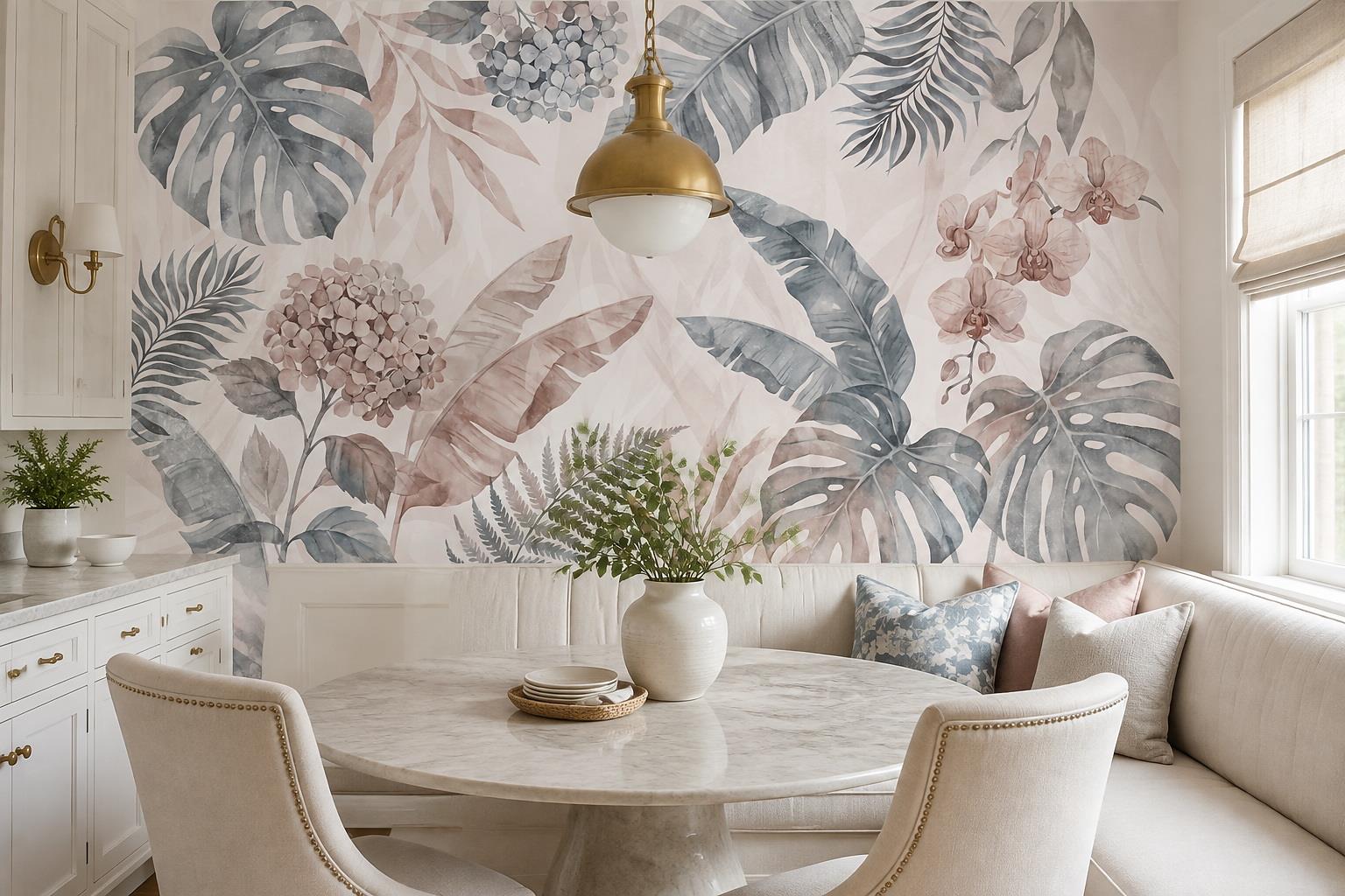 Tan And Neutral Abstract Forms Textured Graphic Wallpaper Mural Dining-room-wallpaper-murals, Shown In A Dining Room, Peel-and-stick Finish