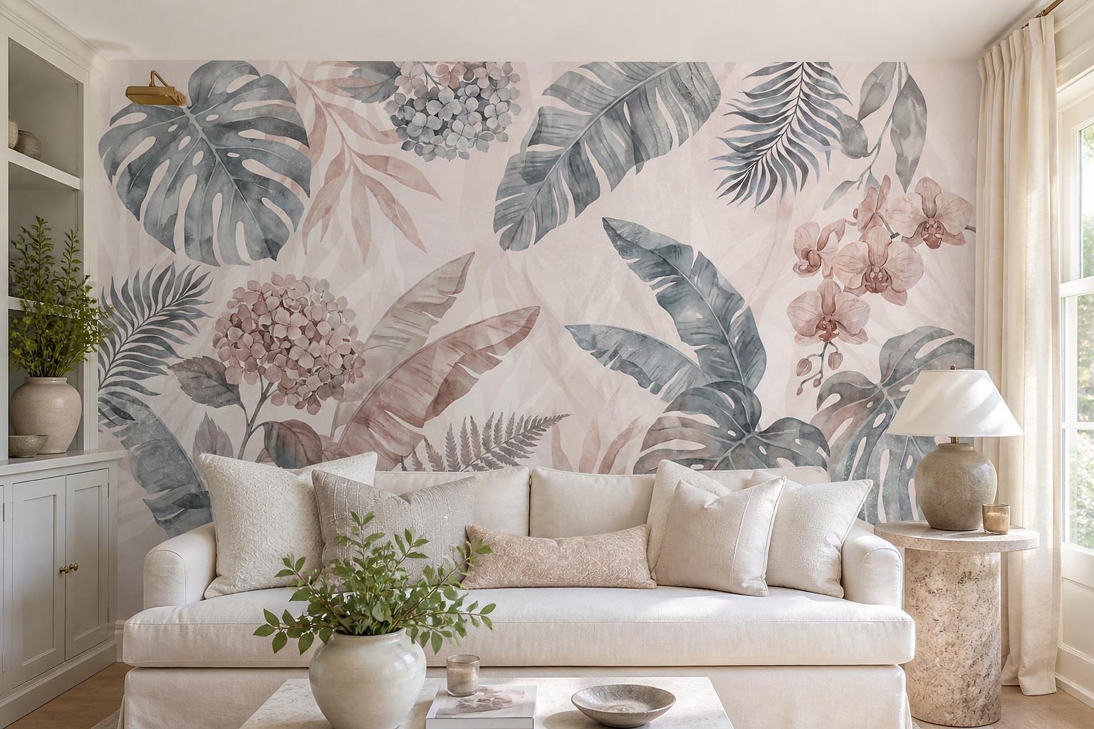 Tan And Neutral Abstract Forms Textured Graphic Wallpaper Mural Living-room-wallpaper-murals, Shown In A Living Room, Peel-and-stick Finish