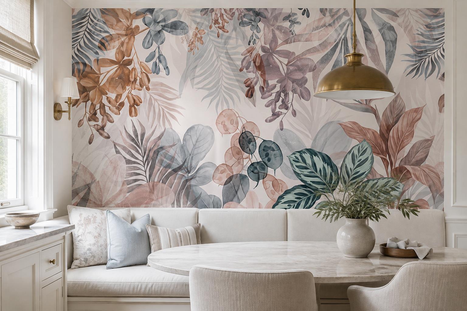 Tan And Neutral Abstract Textured Hand Painted Wallpaper Mural Dining-room-wallpaper-murals, Shown In A Dining Room, Peel-and-stick Finish
