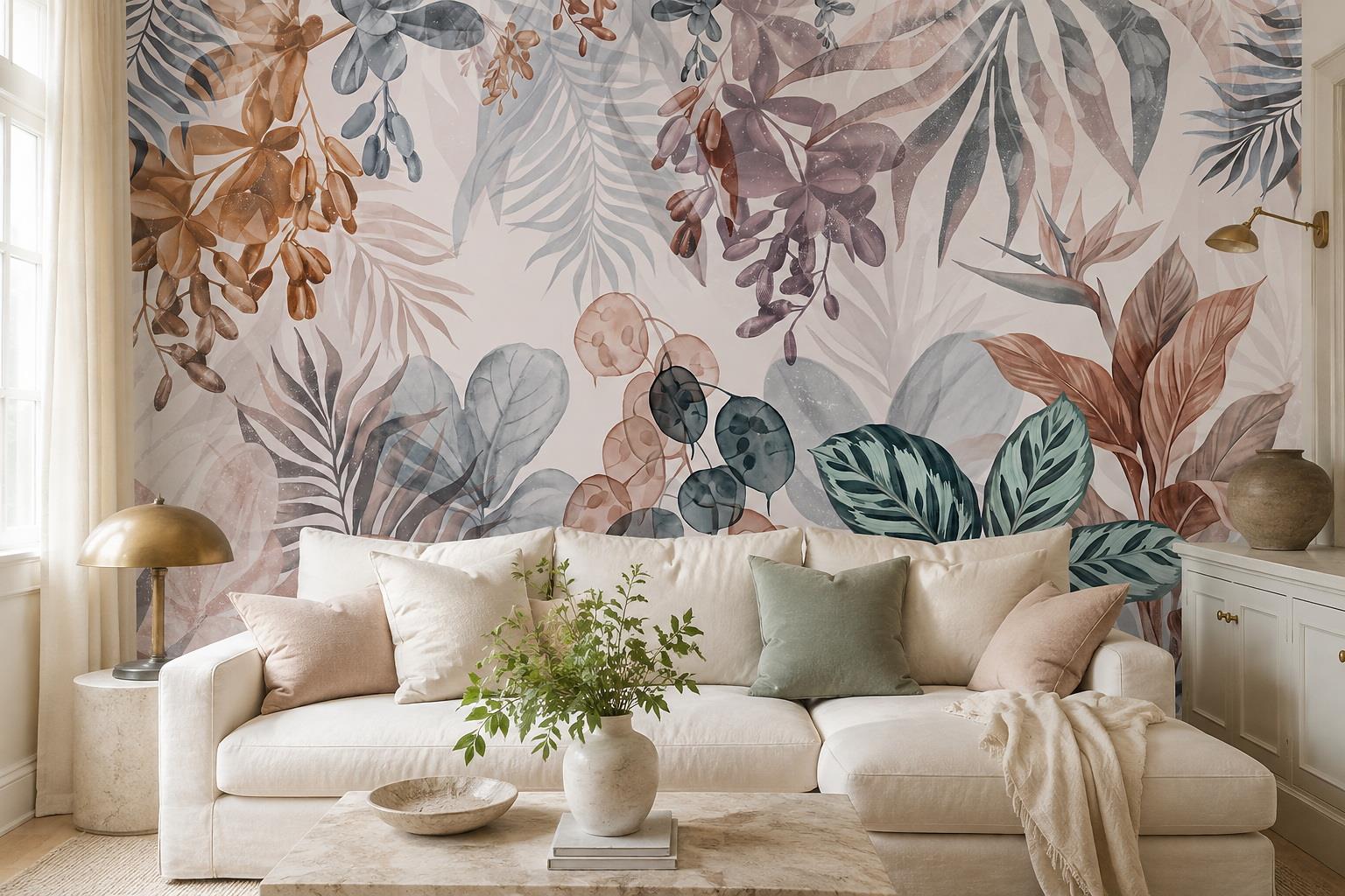 Muted Tropical Leaves And Layered Botanical Foliage Wallpaper Mural — Wallpaper Mural Design, Peel-and-stick Finish