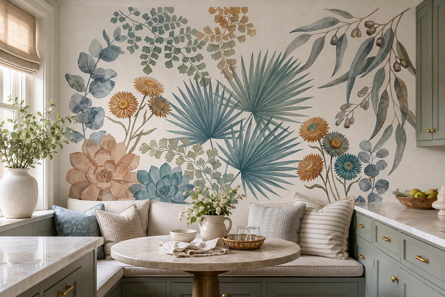 Tan And Neutral Abstract Forms Textured Brushwork Wallpaper Mural Dining-room-wallpaper-murals, Peel-and-stick Finish