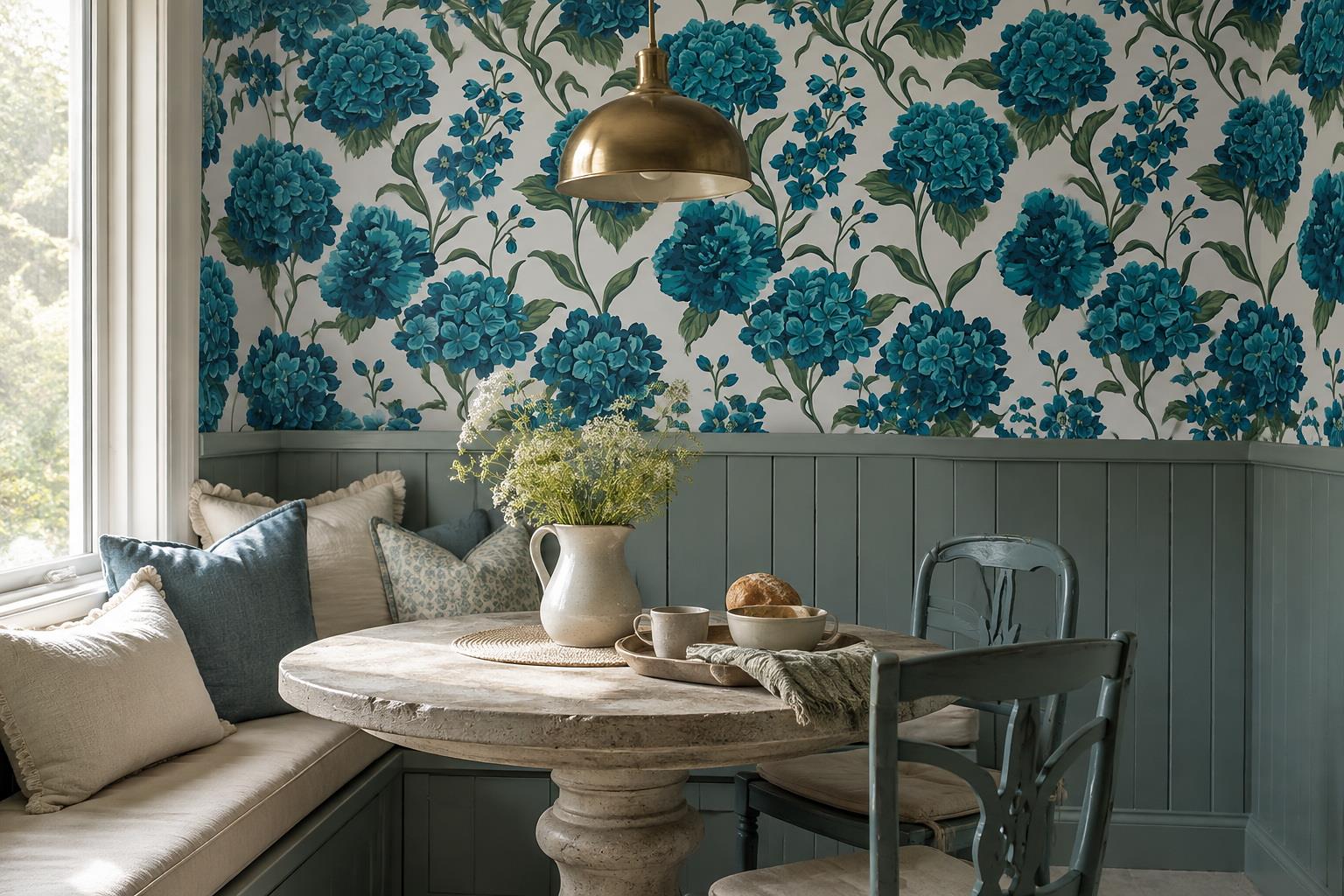 Dining nook with blue floral mural above painted panelling and beside a window