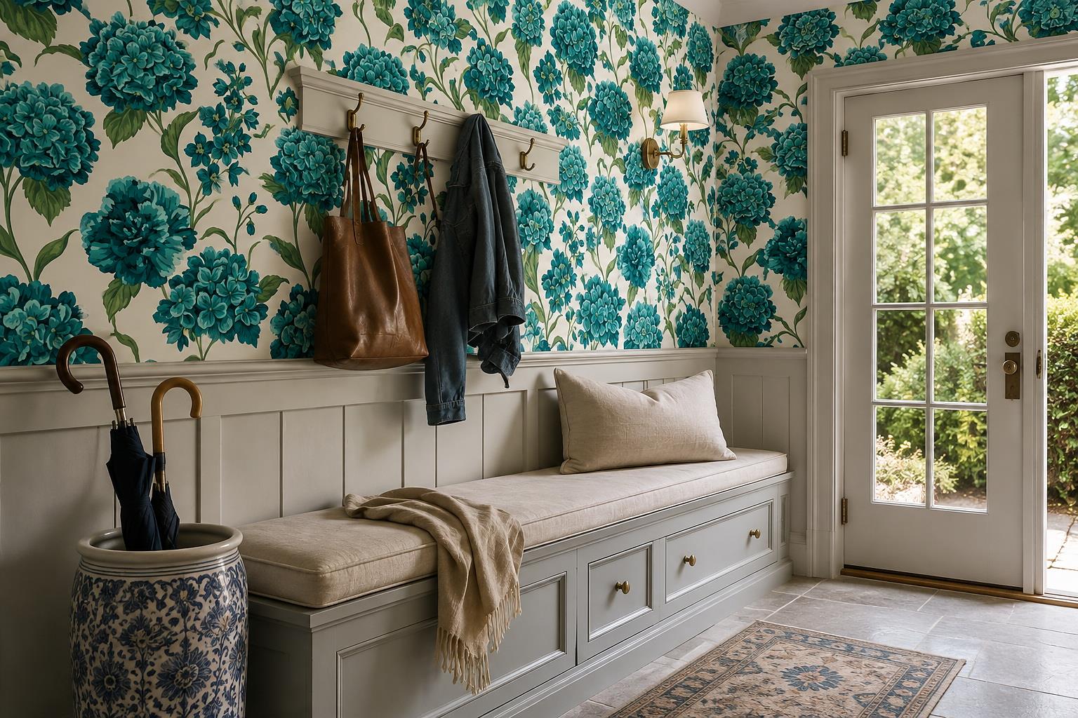 Teal Blue Hydrangea Clusters And Green Leaves Wallpaper Mural — Installed Wallpaper Mural In A Entryway, Peel-and-stick Finish