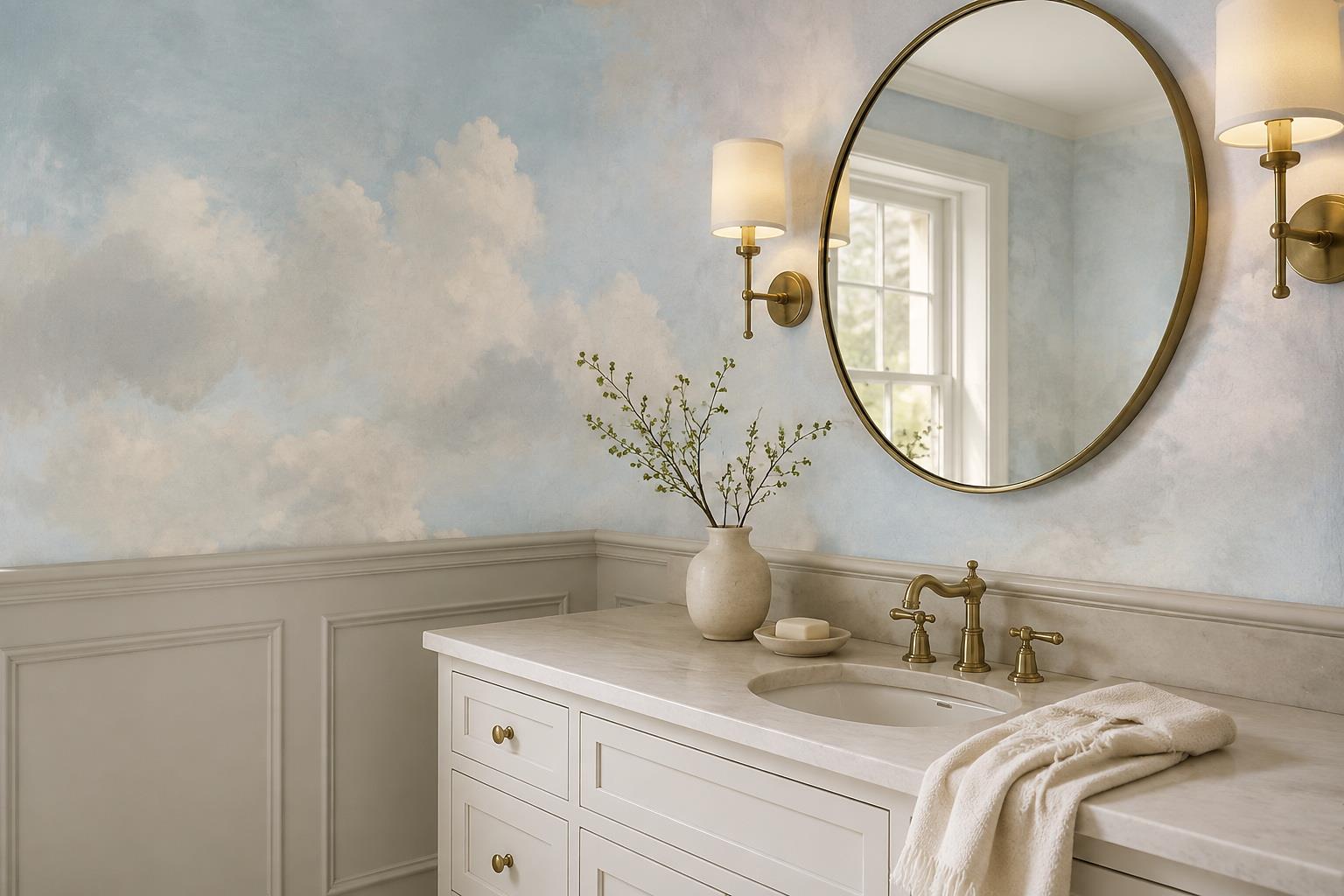 Soft Blue And White Cloudscape Wallpaper Mural — Wallpaper Mural Design, Peel-and-stick Finish