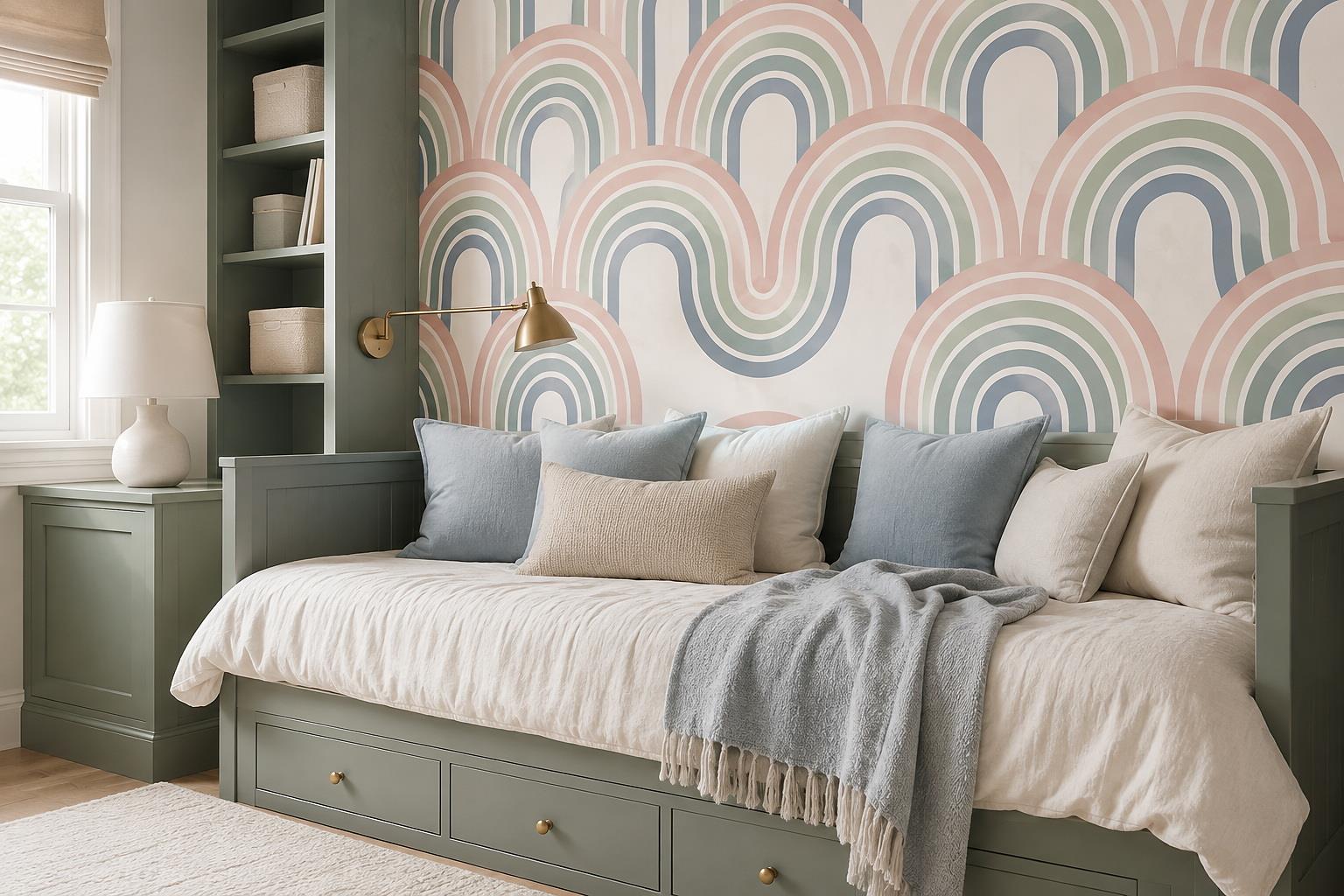 Pastel Rainbow Arch Wallpaper Mural — Installed Wallpaper Mural In A Bedroom, Peel-and-stick Finish