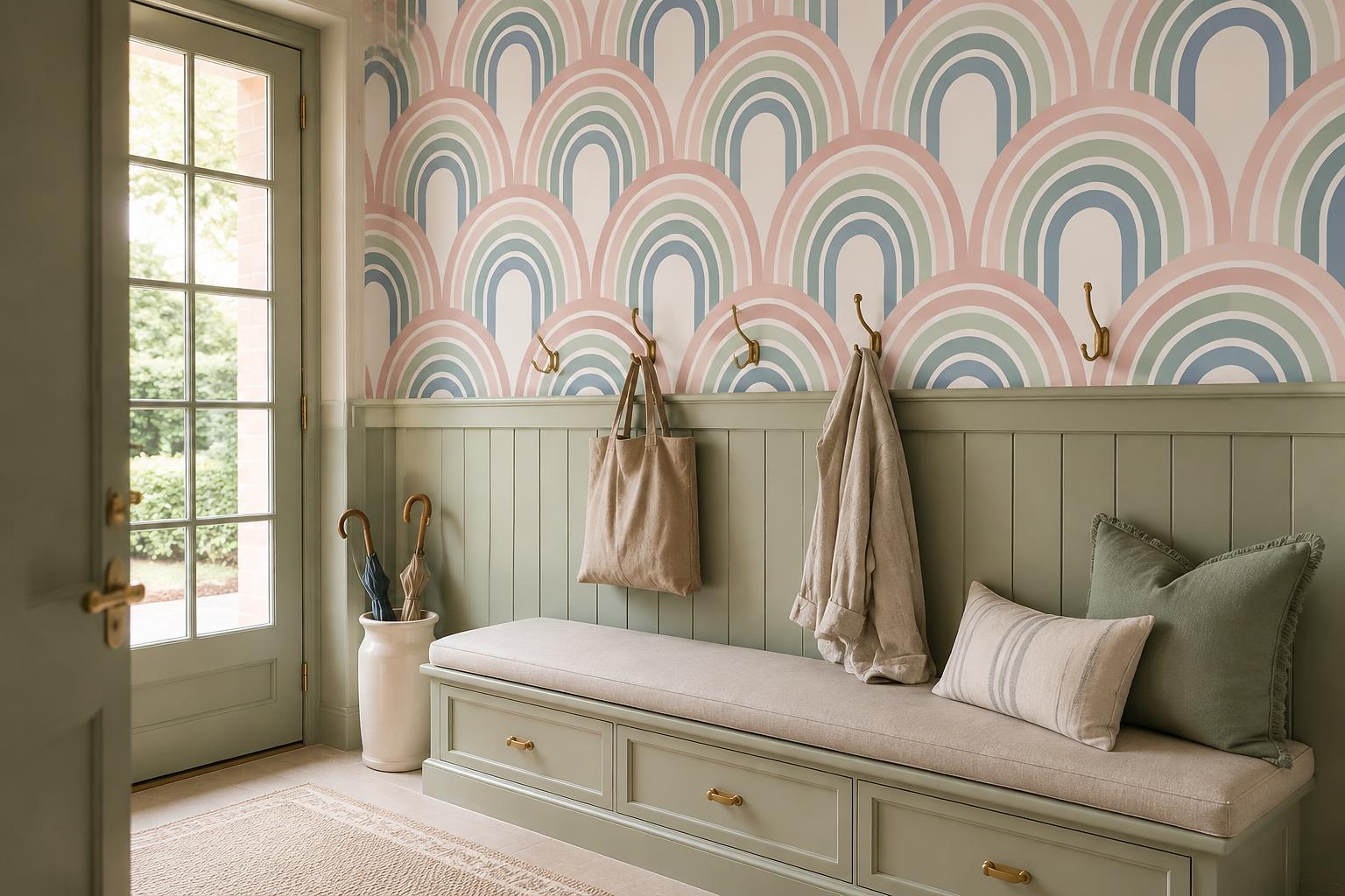Tan And Neutral Abstract Forms Textured Tones Wallpaper Mural Entryway-wallpaper-murals, Peel-and-stick Finish