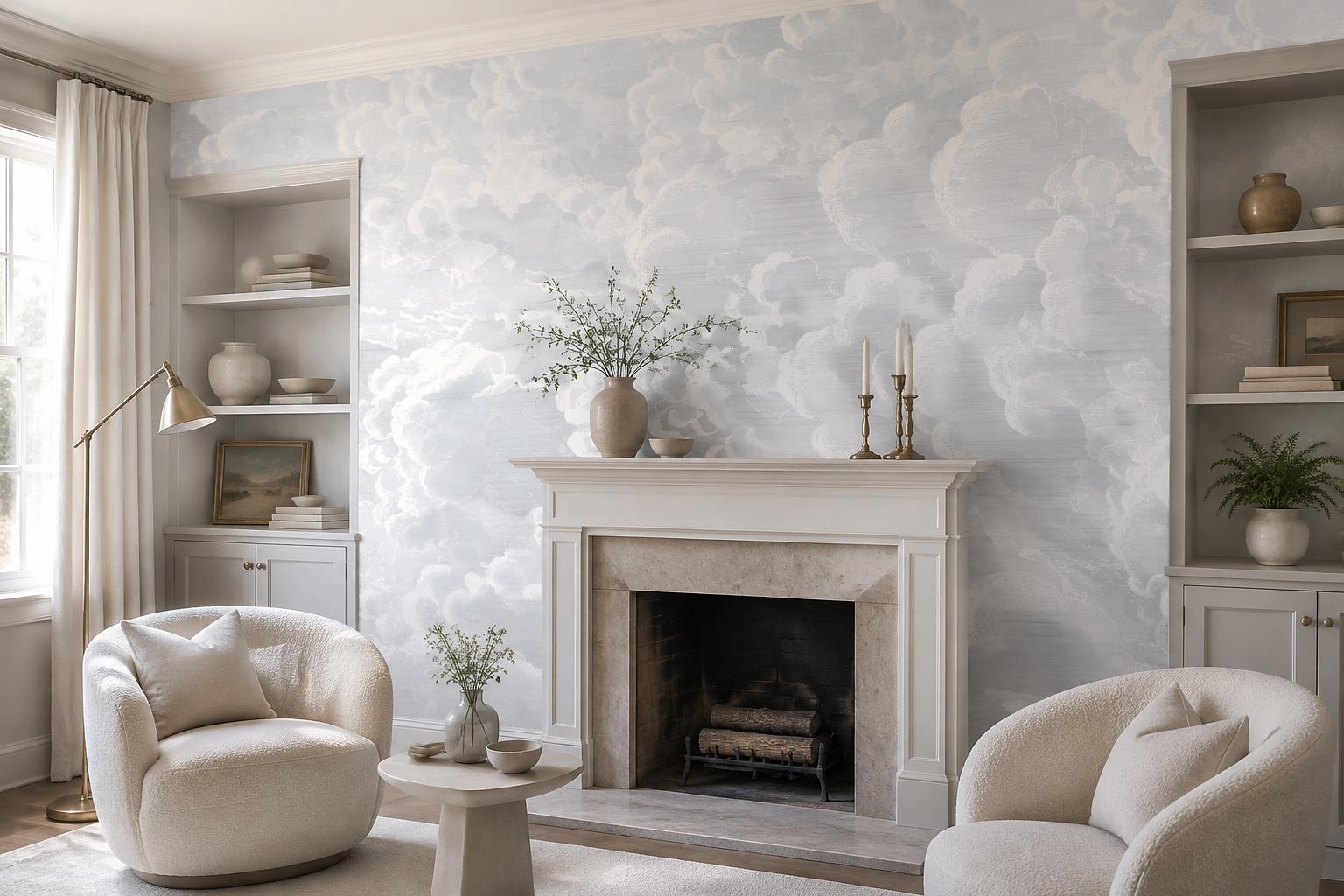 White Engraved Cloud Pattern Wallpaper Mural — Wallpaper Mural Design, Peel-and-stick Finish
