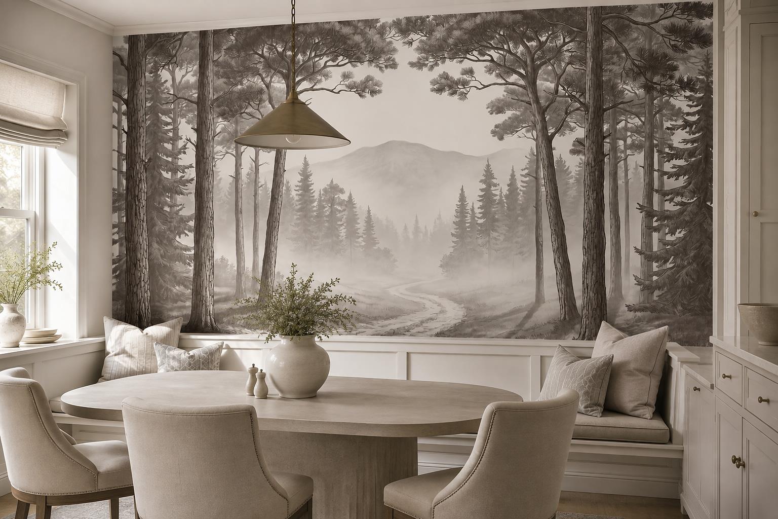 Tan And Neutral Abstract Forms Textured Expressive Wallpaper Mural Dining-room-wallpaper-murals, Shown In A Dining Room, Peel-and-stick Finish