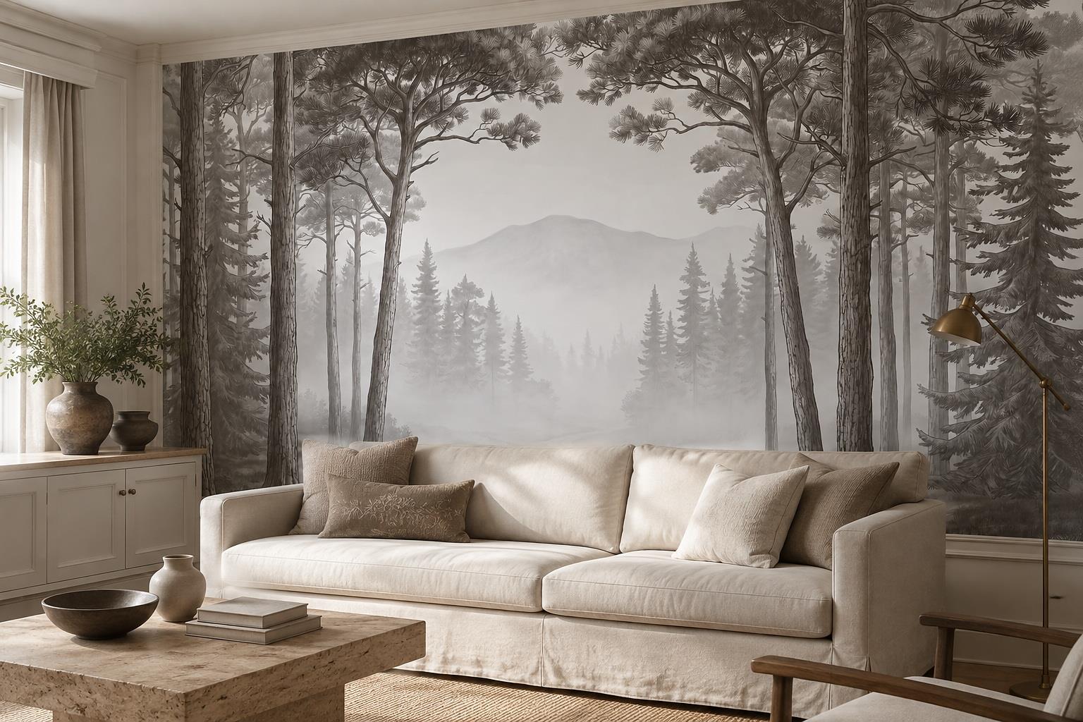 Tan And Neutral Abstract Forms Textured Expressive Wallpaper Mural Living-room-wallpaper-murals, Shown In A Living Room, Peel-and-stick Finish