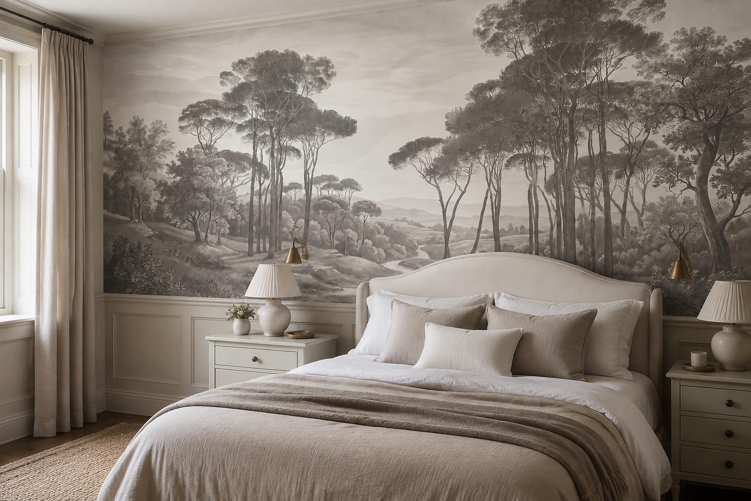Grey woodland mural in a bedroom with its lower part obscured by a headboard