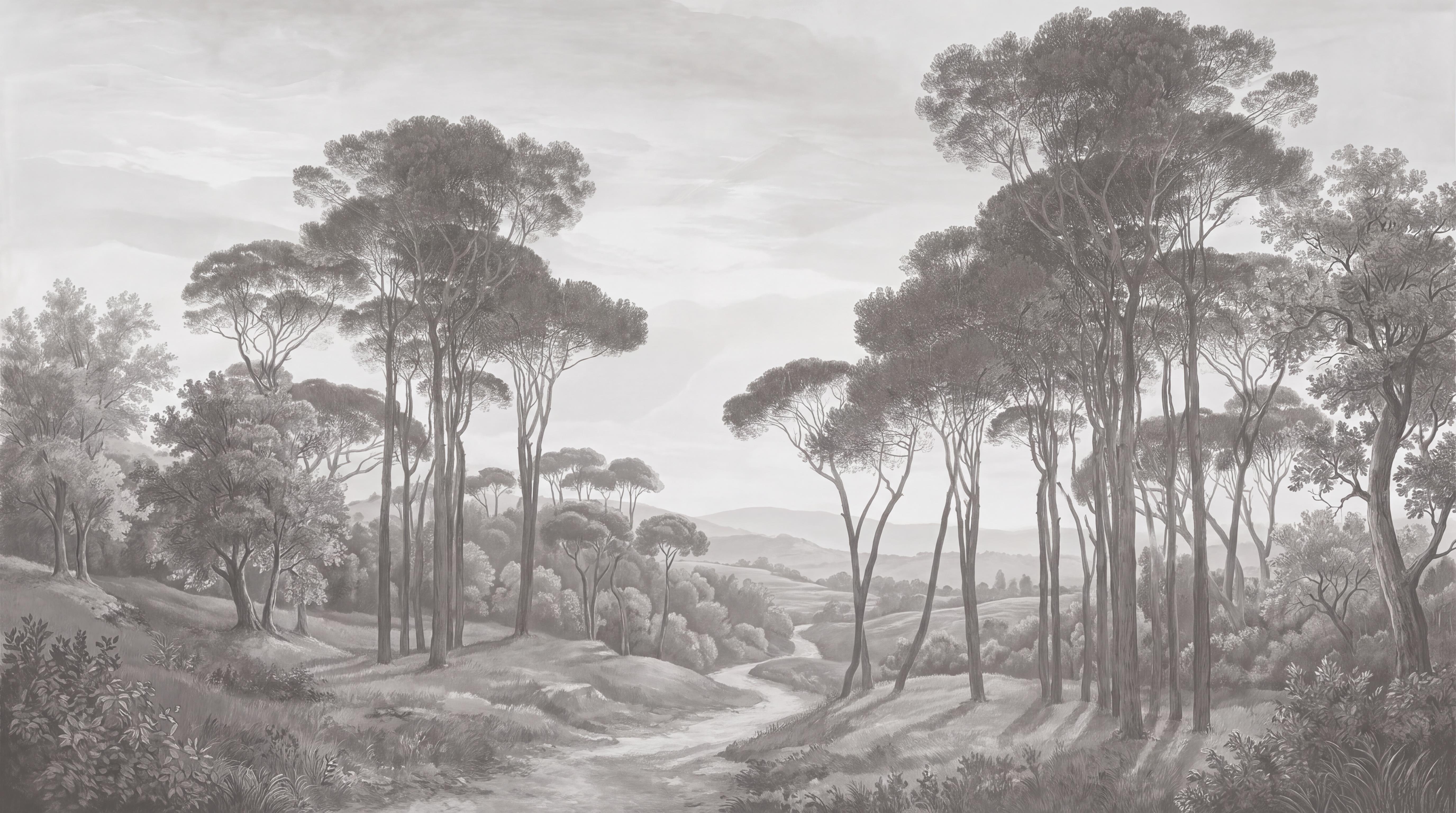 Full grey woodland artwork with tall trees and a winding path