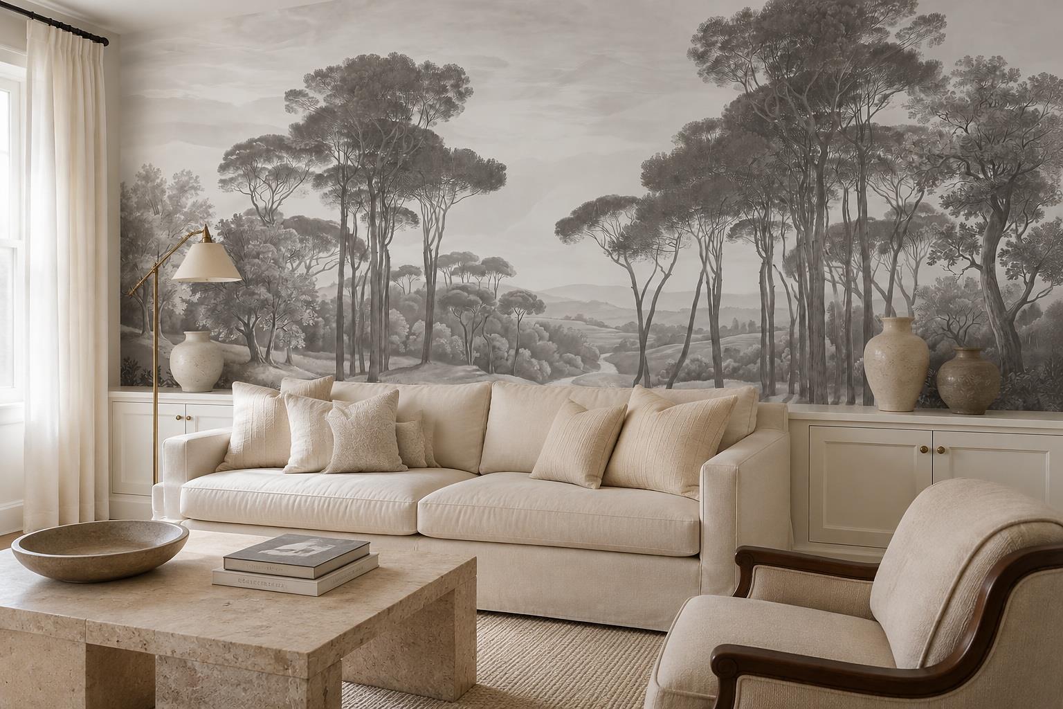 Grey woodland mural with tall trees behind a cream sofa
