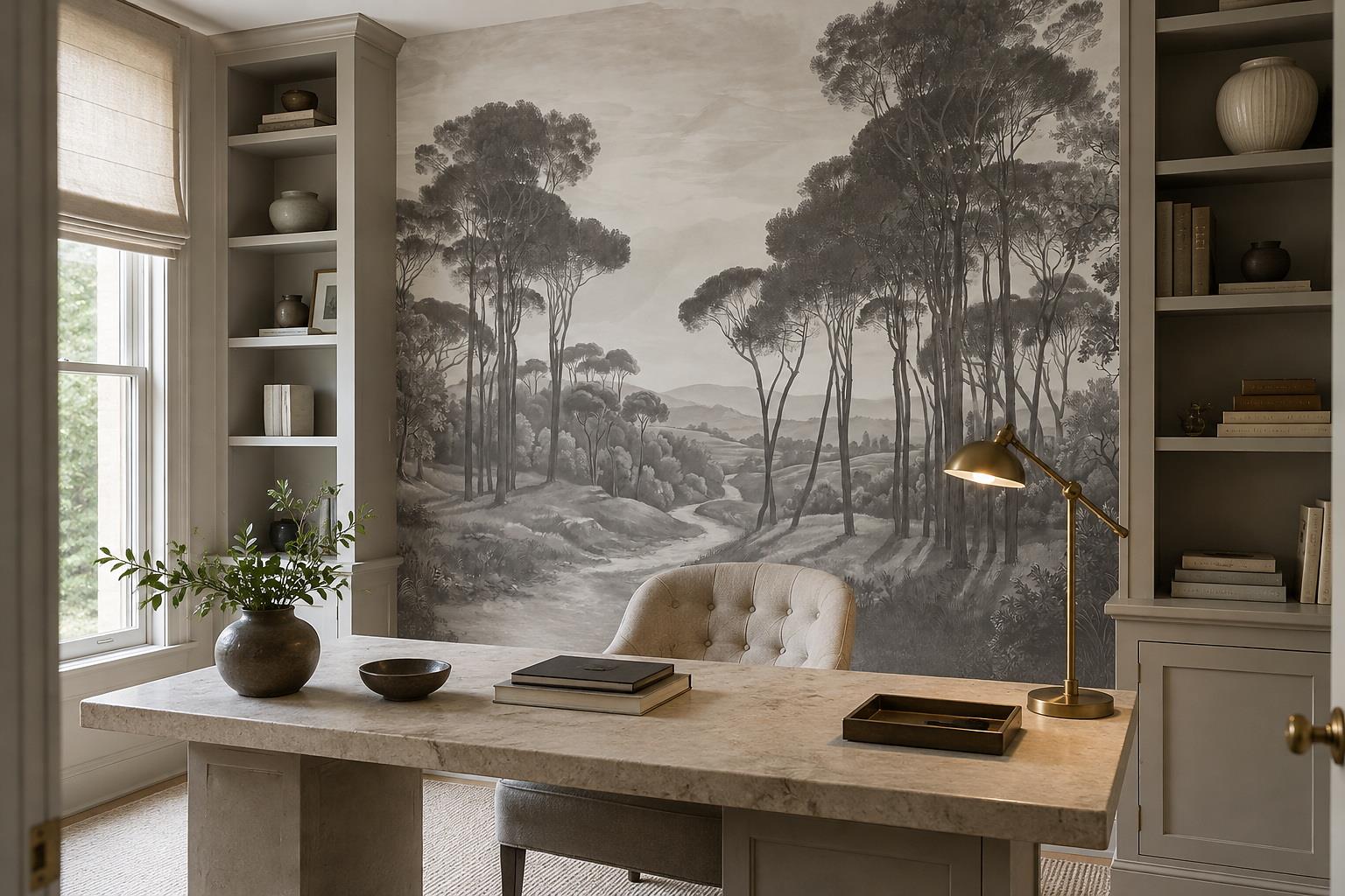 Monochrome woodland mural shown between built-in shelves in a home office