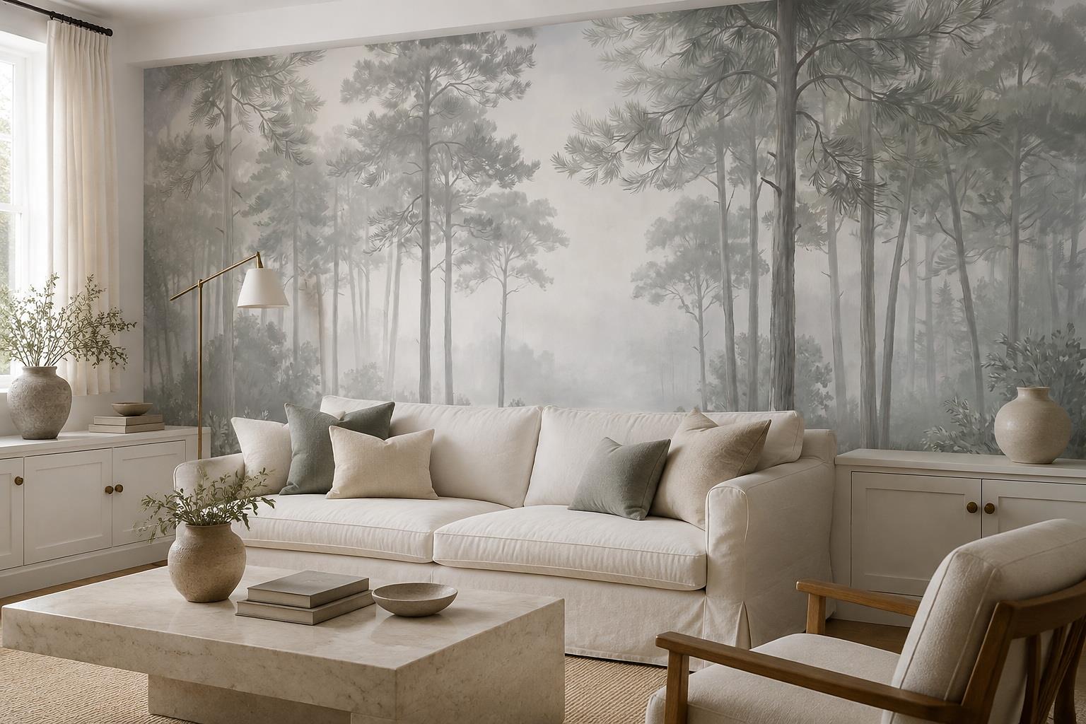 Tan And Neutral Abstract Forms Textured Soft Wallpaper Mural Living-room-wallpaper-murals, Shown In A Living Room, Peel-and-stick Finish