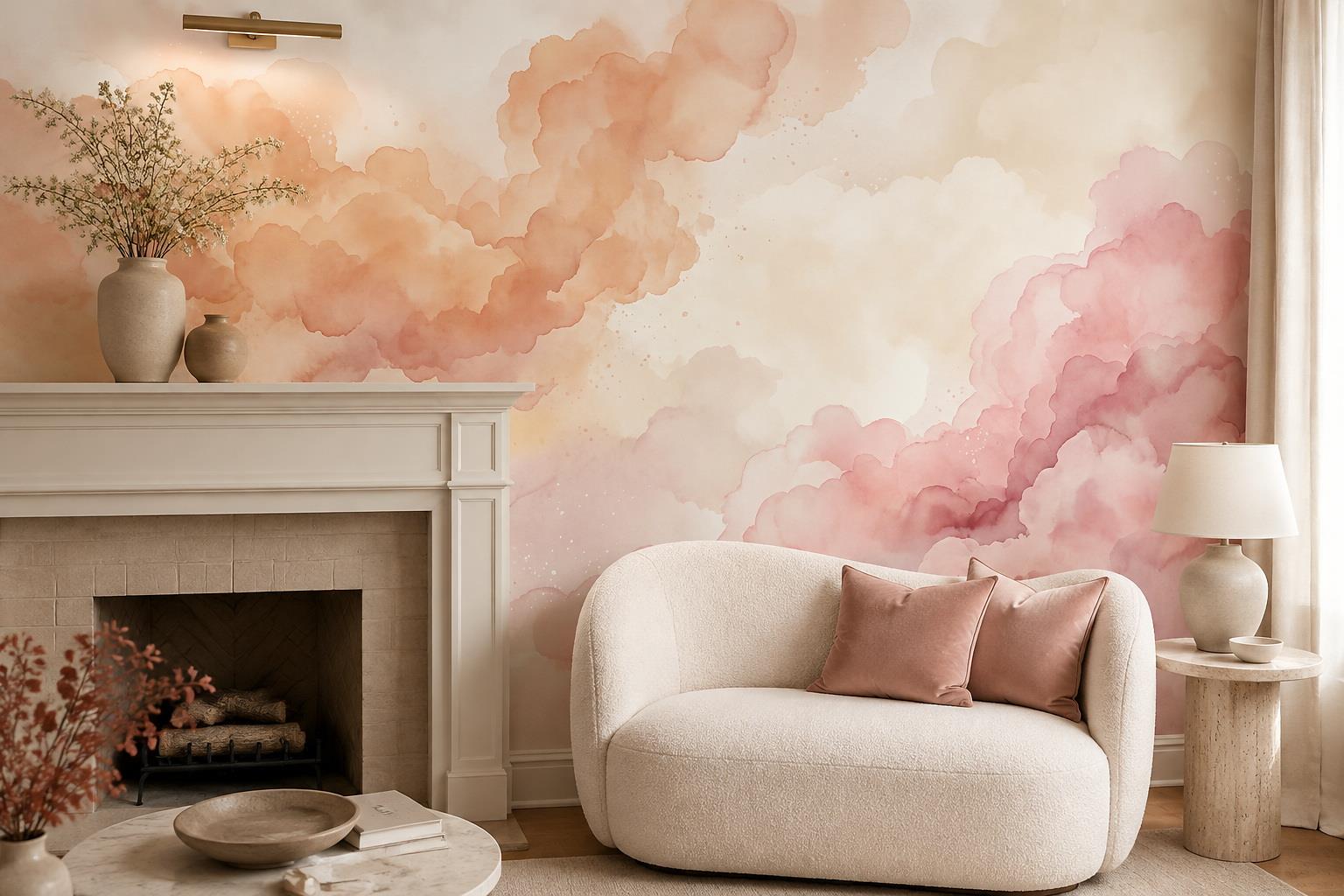 Peach And Blush Watercolour Cloud Banks Wallpaper Mural — Wallpaper Mural Design, Peel-and-stick Finish